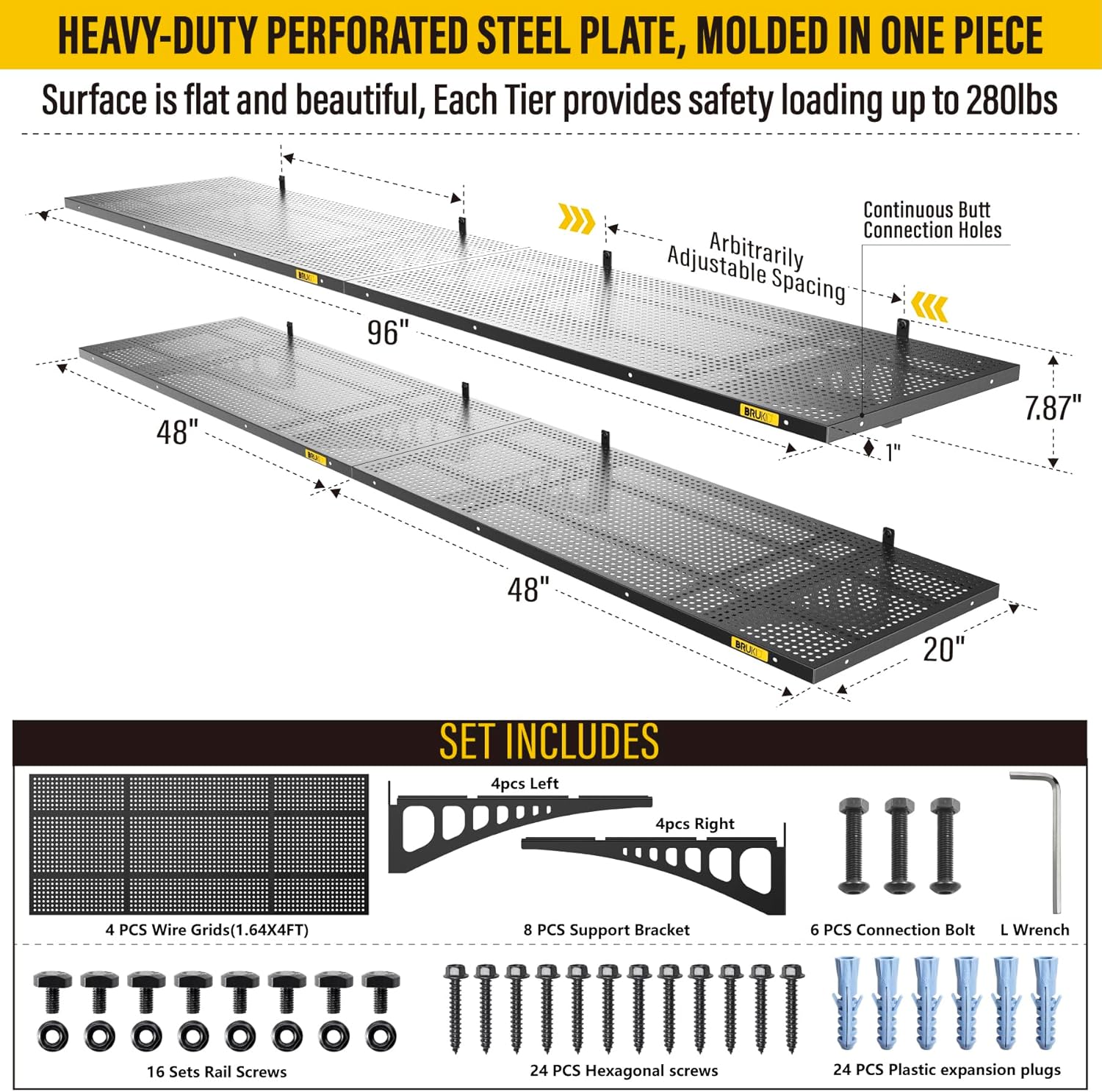 4Pack 1.64x4ft Adjustable Metal Garage Wall Shelving Heavy Duty Garage Storage Shelf Wall Mounted