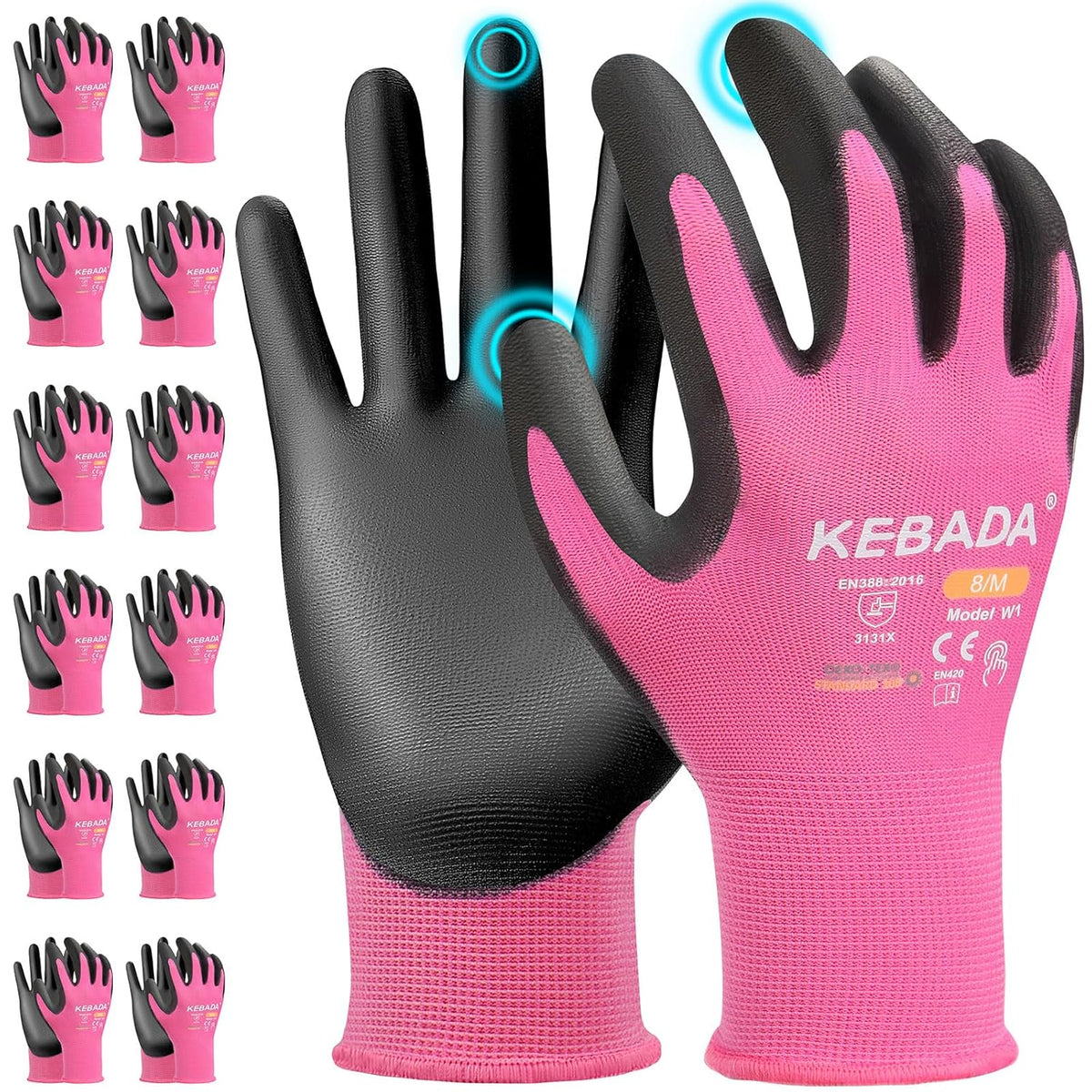 Kebada W1 Work Gloves Women, PU Coated Safety Gloves with Grip, Touchscreen, Ideal for Warehouse