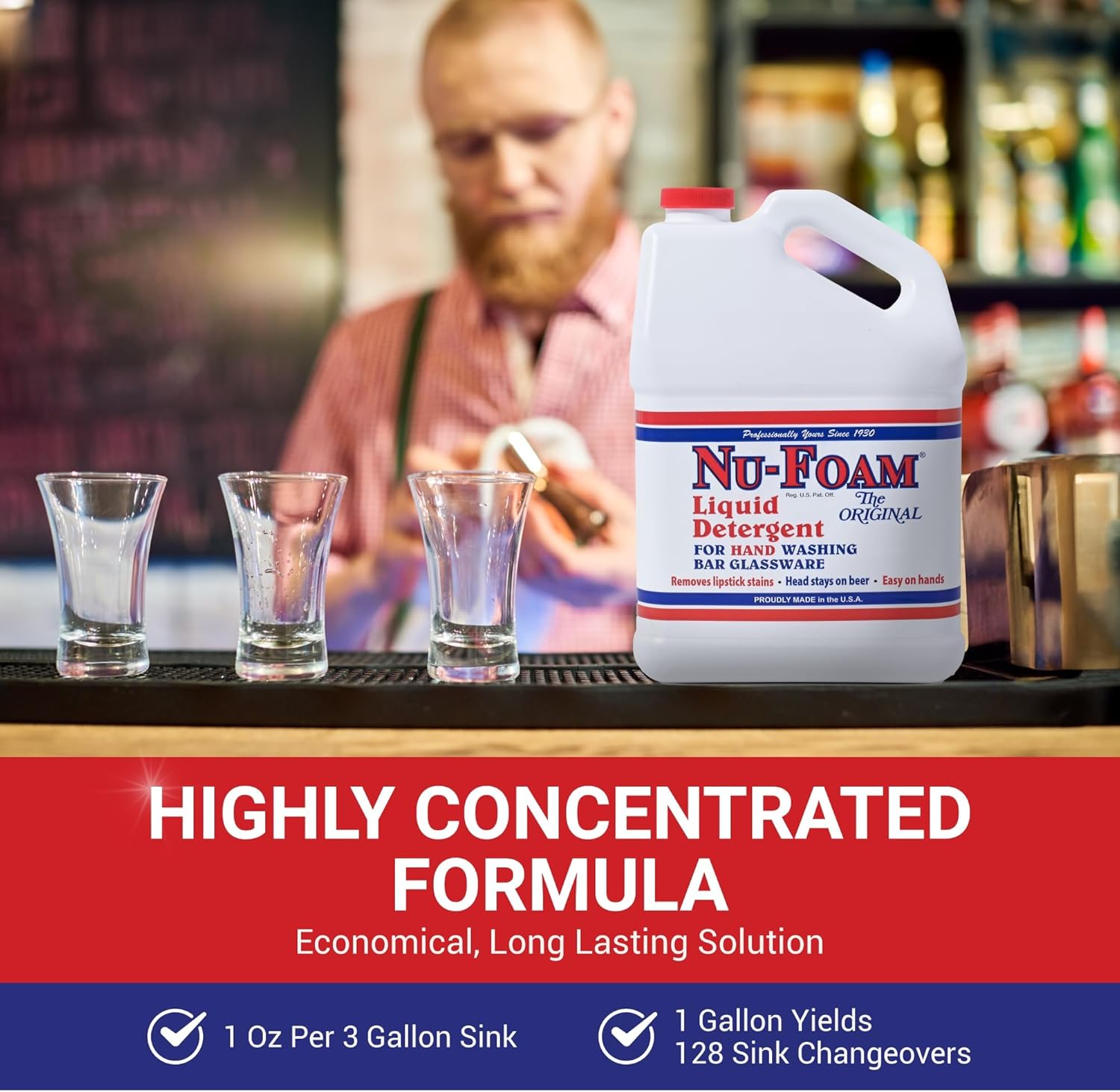 Nu-Foam Liquid Detergent for Bar Glassware – Original Streak-Free Solution - Hand Washing Bar