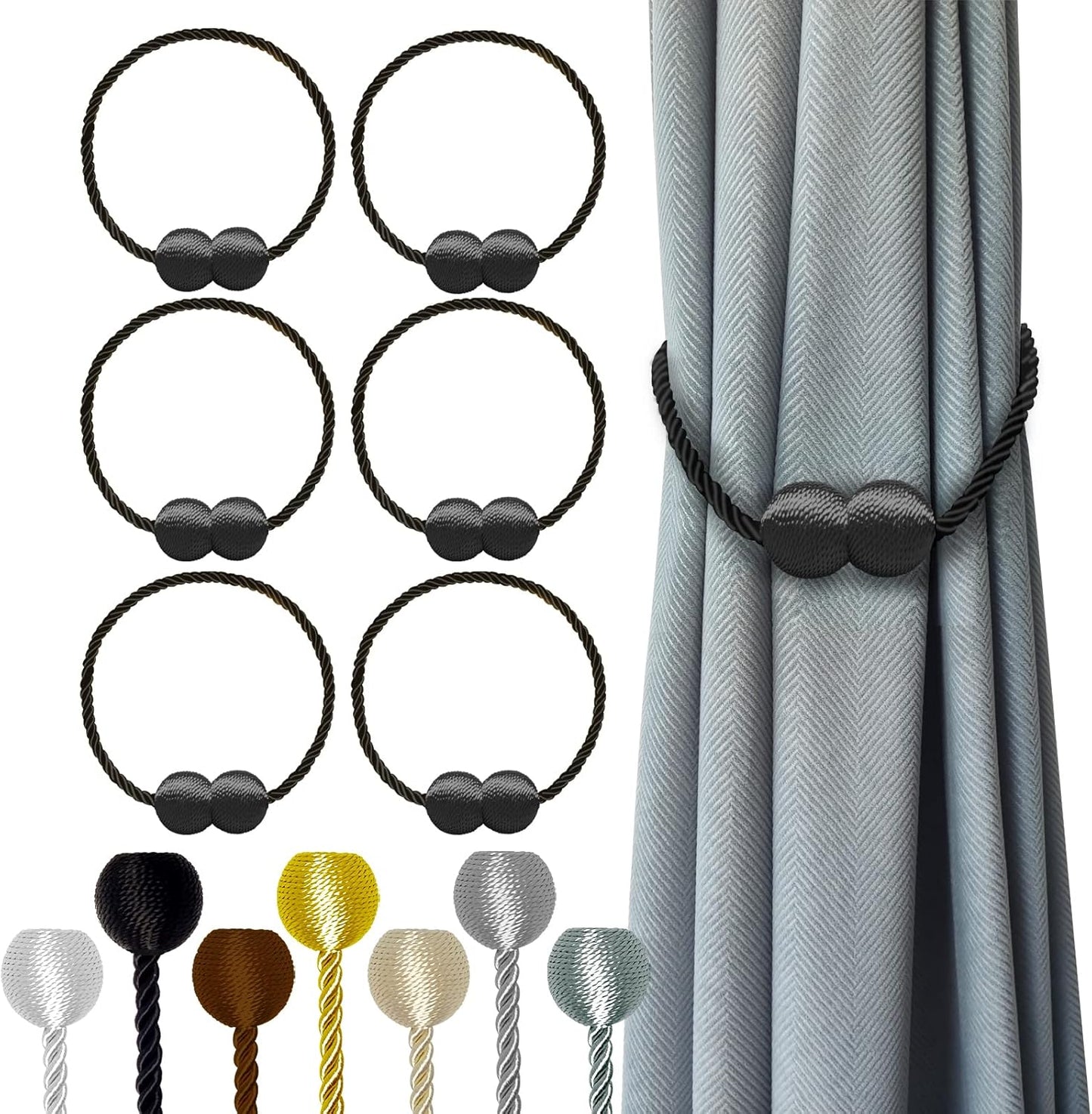 Hion Magnetic Curtain Tiebacks Black 6 Pack, Curtain Tiebacks Buckles Holdbacks Holders Hooks Clip