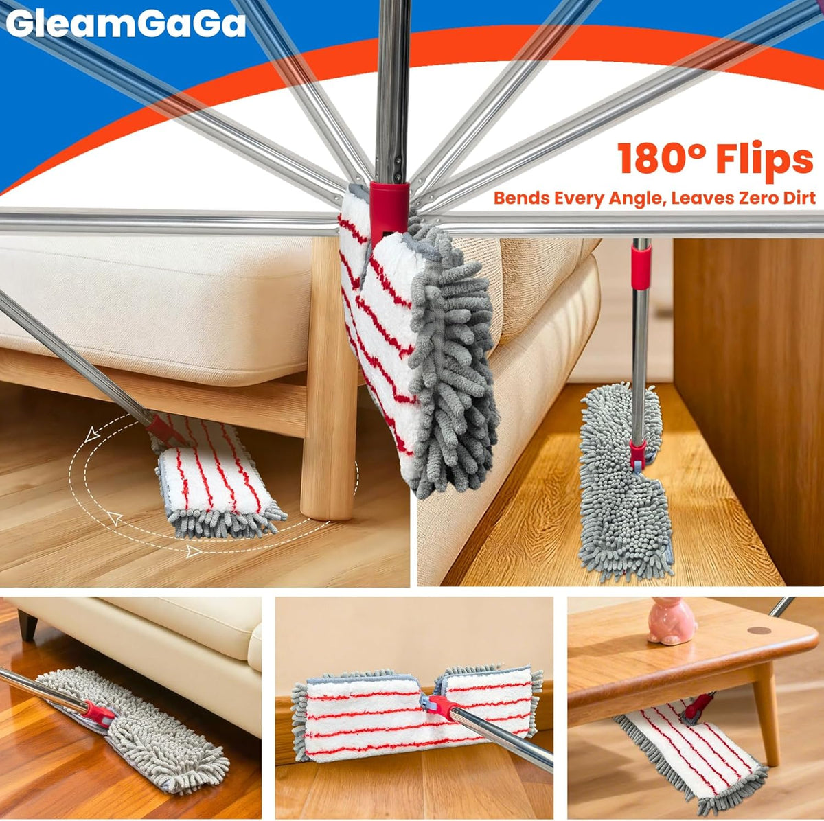 Microfiber Mops for Floor Cleaning, Flat Dust Mop with 4 Washable Pads, Dual-Sided Flip Mop for Wet
