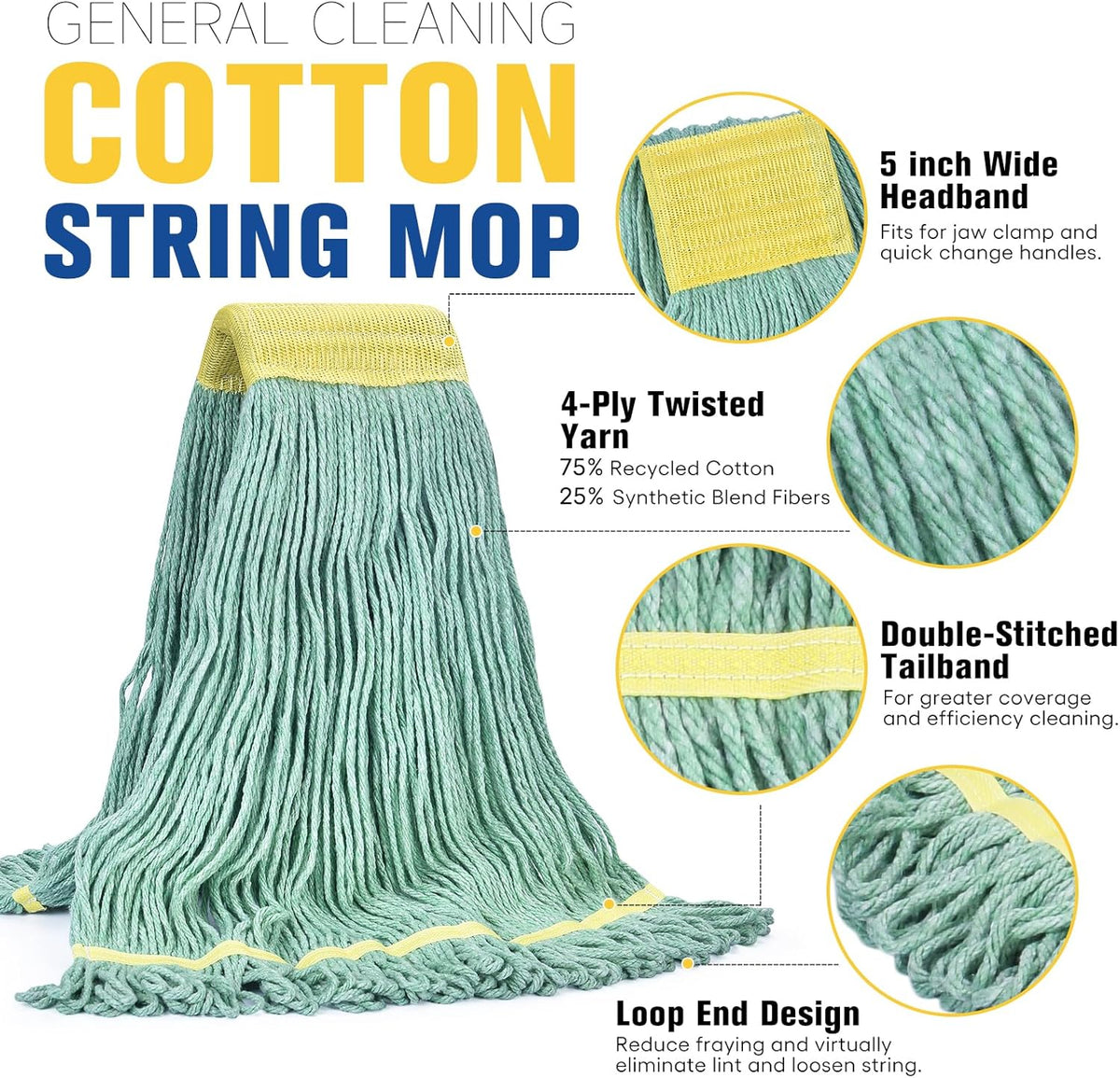 Matthew Cleaning Commercial Mop Head Replacement, 5 Inch Wide Headband, Looped End Cotton Blend