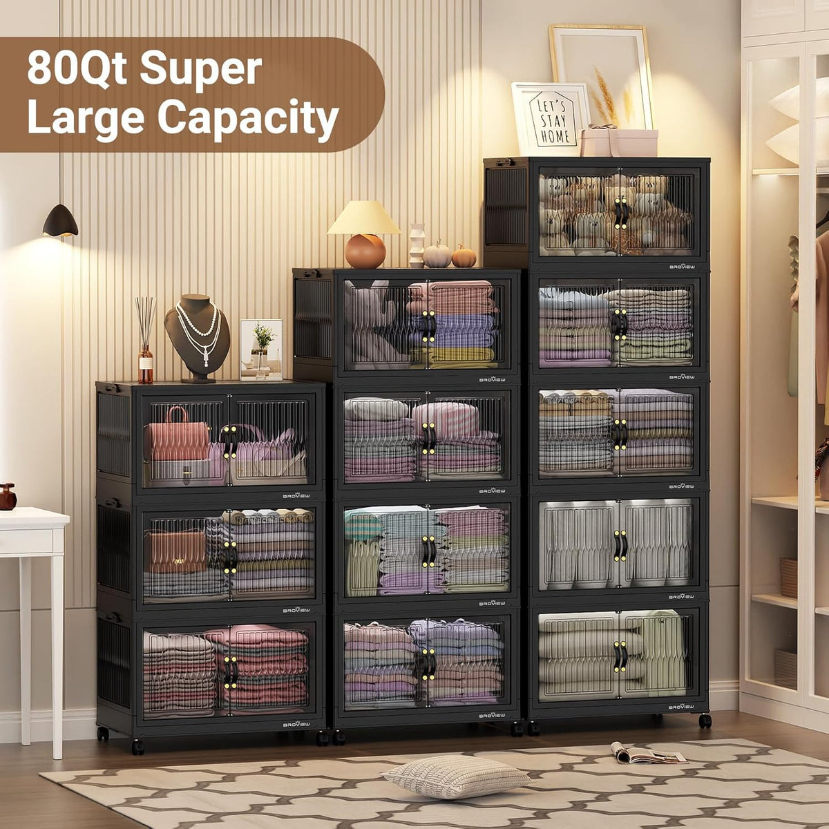 BROVIEW 320Qt Stackable Storage Bins with Lid, Extra Large Closet Organizer Collapsible Drawer