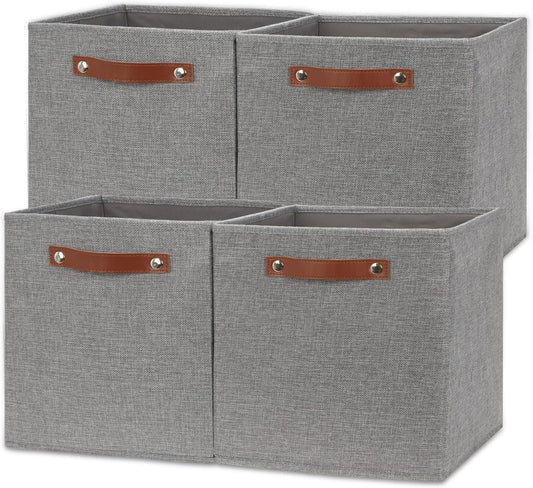 Temary 12x12 Storage Cube Bins 4 Pack Fabric Storage Cubes Storage Bins with Leather Handles