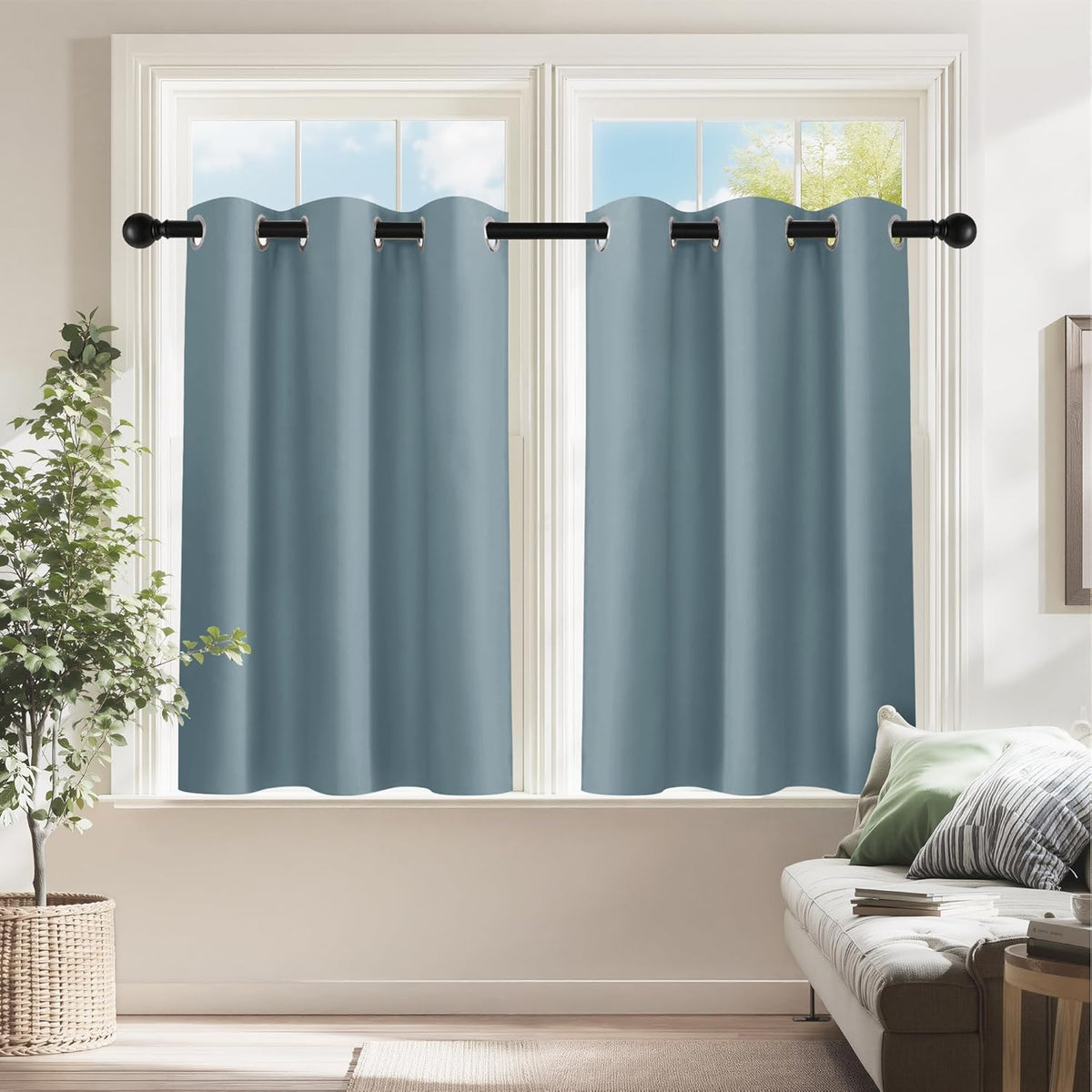 PONY DANCE Dusty Blue Short Blackout Curtains 36 inch Length for Kitchen, Privacy Small Black Out