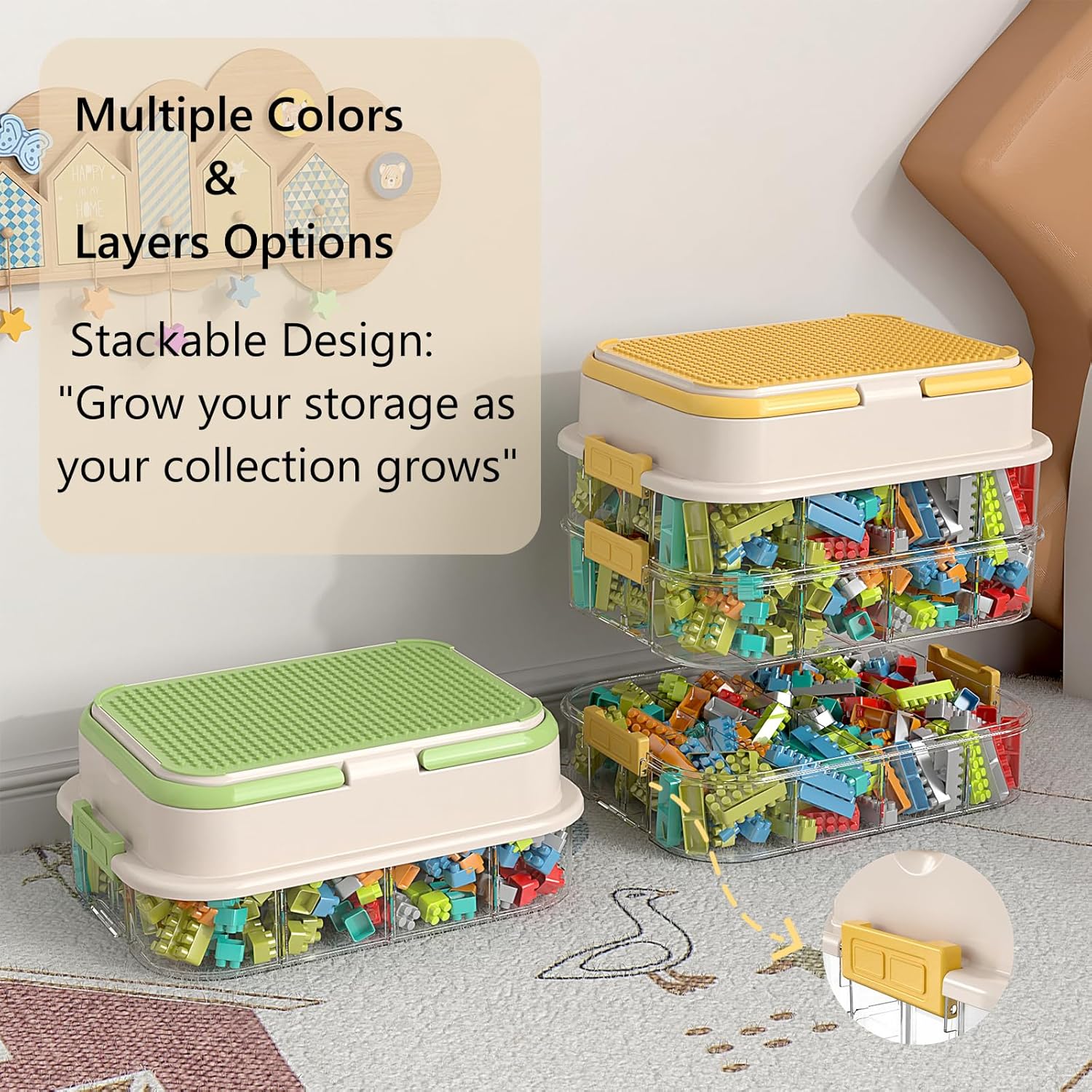Toy Storage Organizer Box with Handle, Stackable Building Block Toy Box with Building Plate Lid &