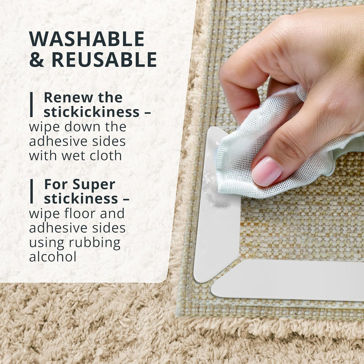 X-Protector Rug Tape - 8 Pcs Set - White Anti-Slip & Anti-Curling Carpet Tape for Hard Floors