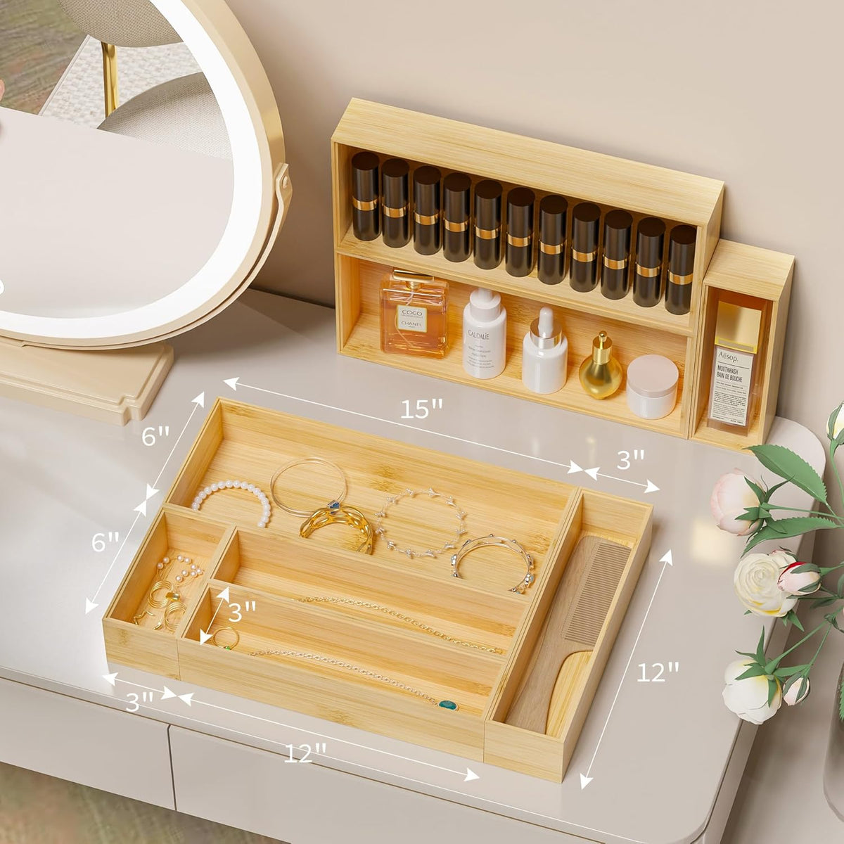 Kitchen Drawer Organizer Tray, Stackable Bamboo Deep Drawer Organizer for Large Silverware