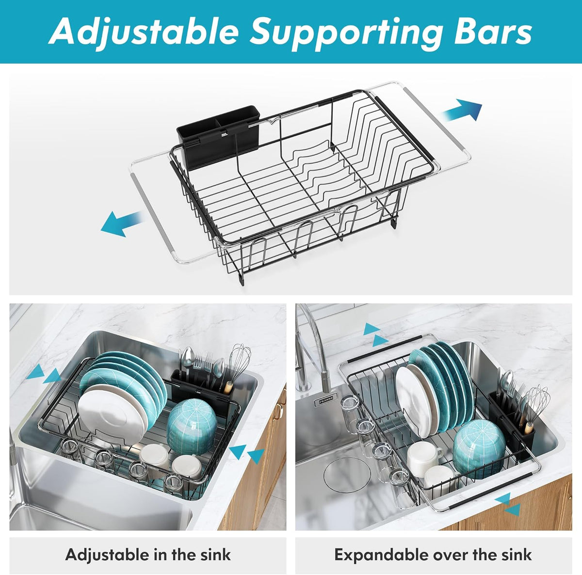 Over The Sink Expandable Dish Drainer Drying Rack in Stainless Steel for Small Kitchen, Counter