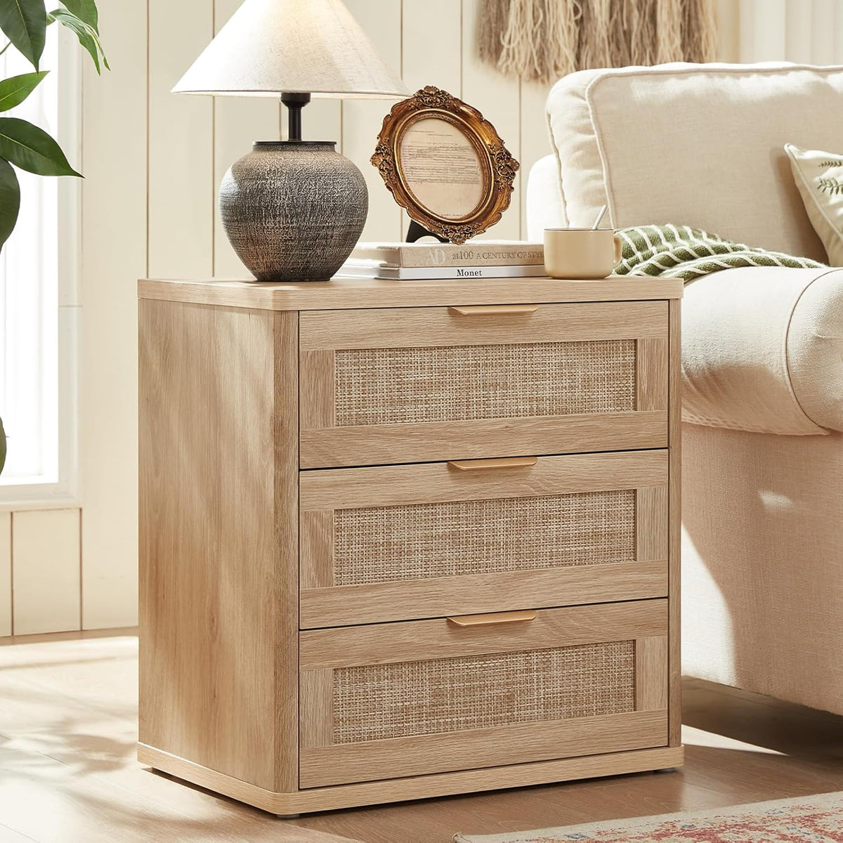 LEYAOYAO Rattan Night Stand with Drawers, 23" Large 3 Drawer Boho Nightstand, Natural Wood Bedside