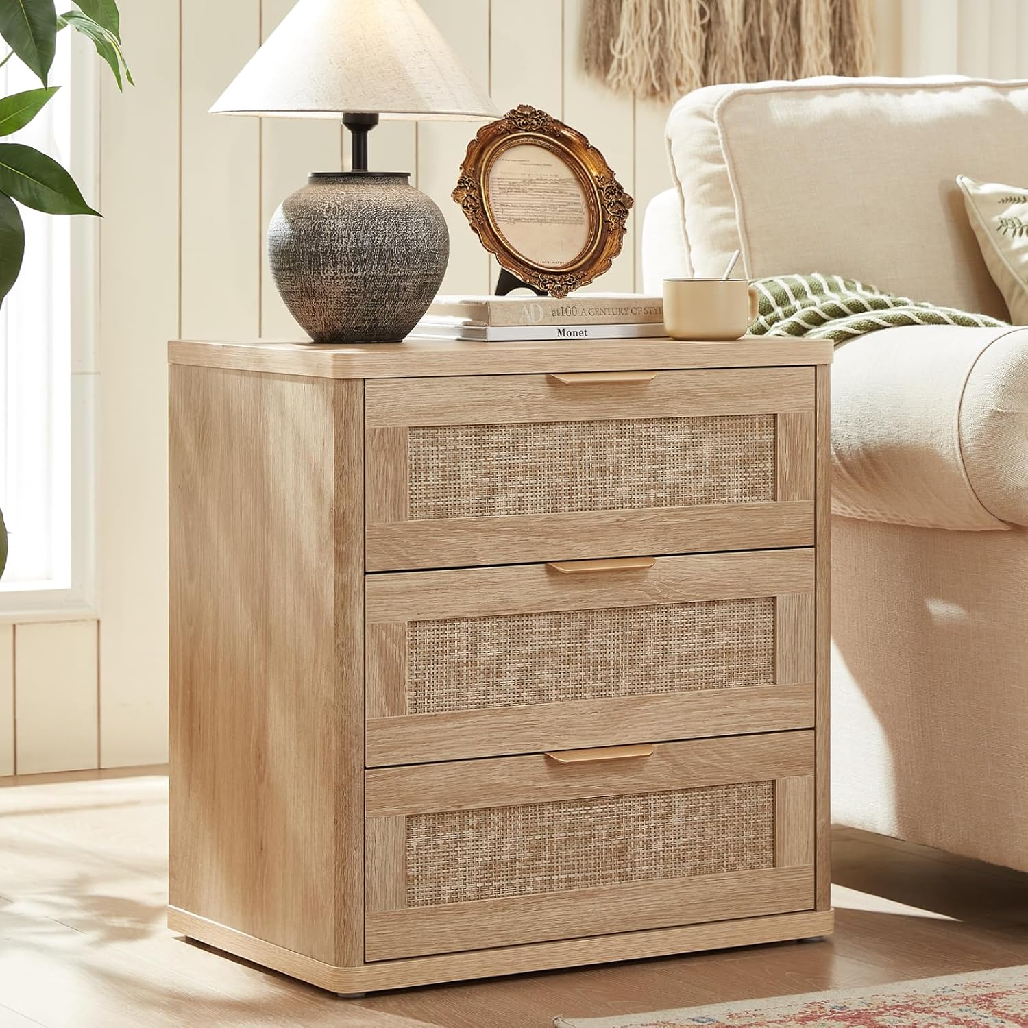 LEYAOYAO Rattan Night Stand with Drawers, 23" Large 3 Drawer Boho Nightstand, Natural Wood Bedside