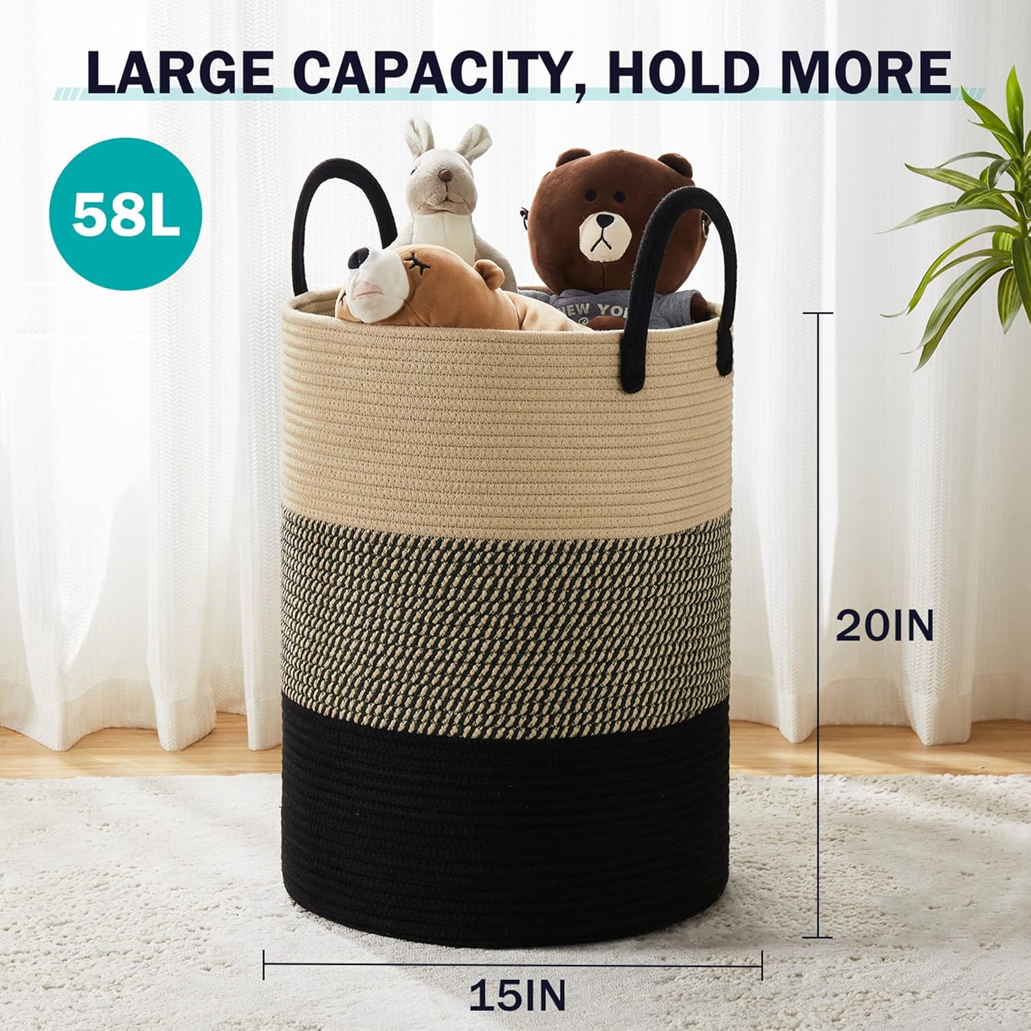 YOUDENOVA Woven Rope Laundry Hamper Basket, 58L Tall Laundry Basket for Blanket Organizer- Clothes