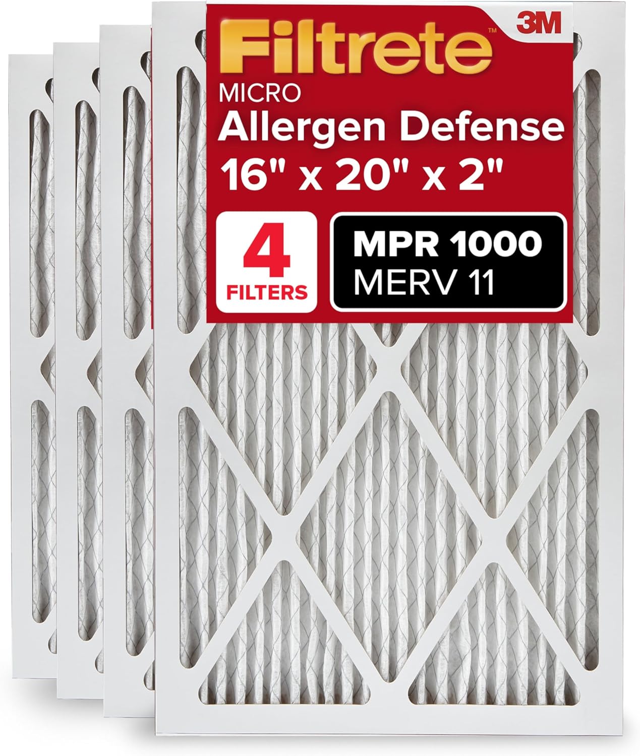 Filtrete 16x20x2 AC Furnace Air Filter, MERV 11, MPR 1000, Allergen Defense, 3-Month Pleated 2-Inch