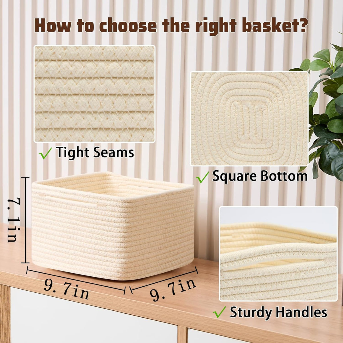Small Organizing Baskets for Cubes Shelf, 9.7x9.7x7.1 Inch Rope Woven Storage Bins for Nursery