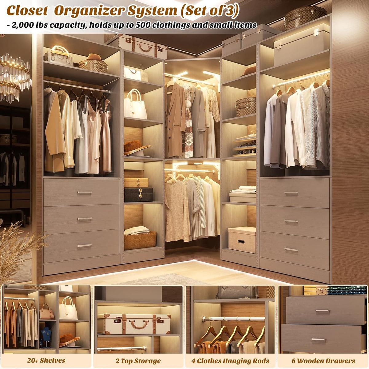Corner Closet System with 6 Drawers, Closet Organizer System with 14 Shelves & 4 Hanging Rods