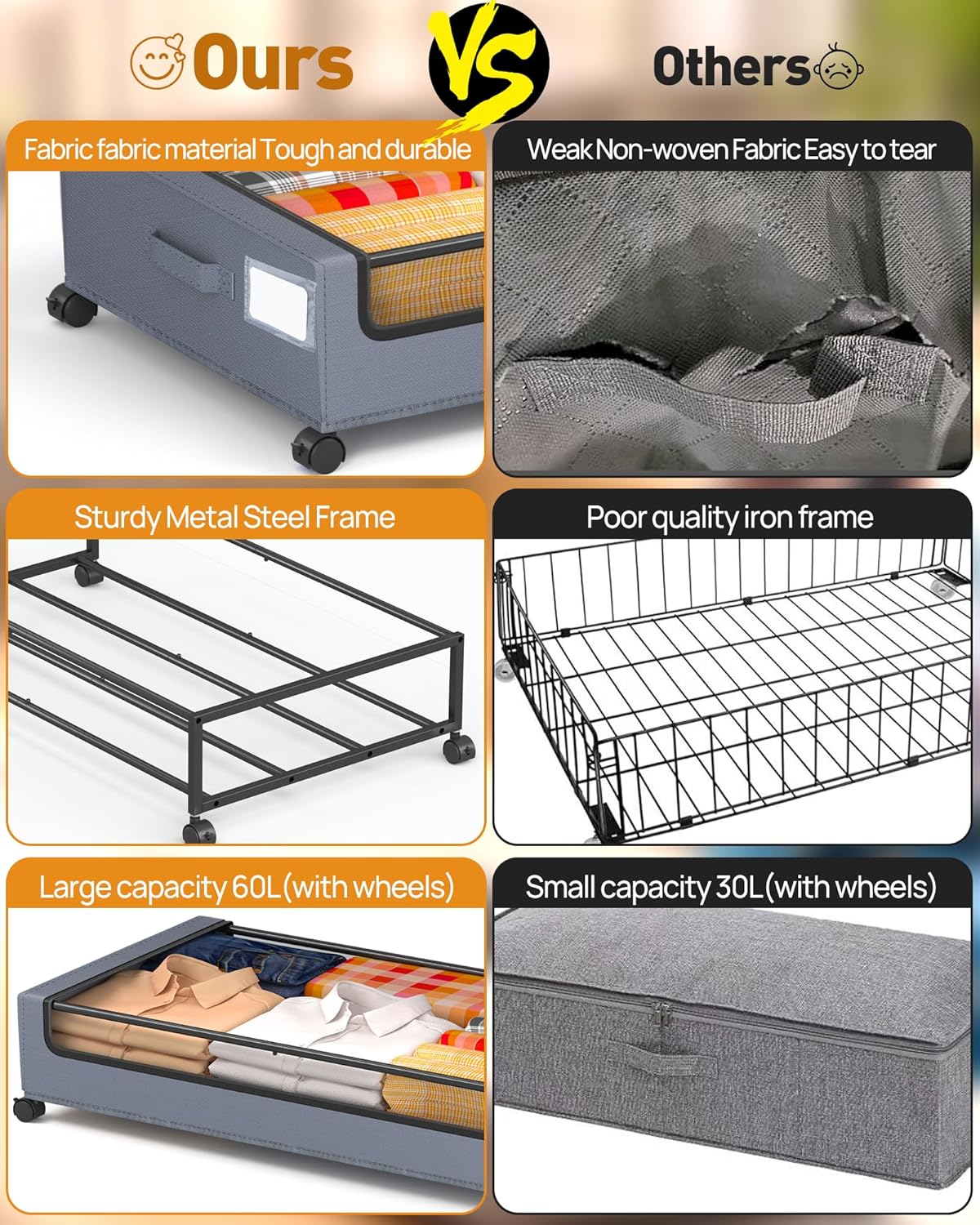 Under Bed Storage With Wheels, 2 Pack Square Containers, 60L Bins, Rolling Metal Drawer for
