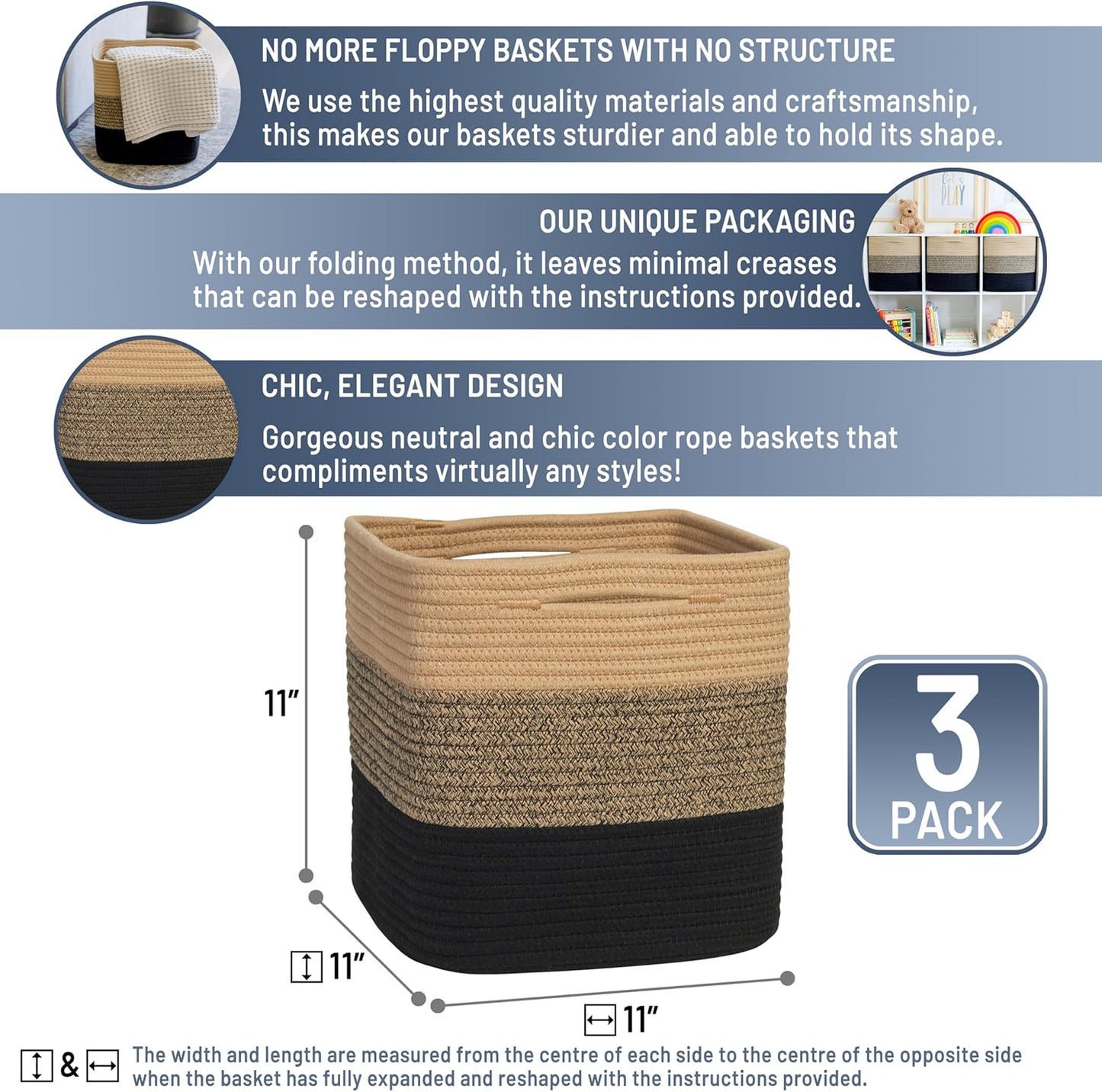 NaturalCozy Storage Cubes 11 Inch Cotton Rope Woven Baskets for Organizing, 3-Pack | Cube Storage