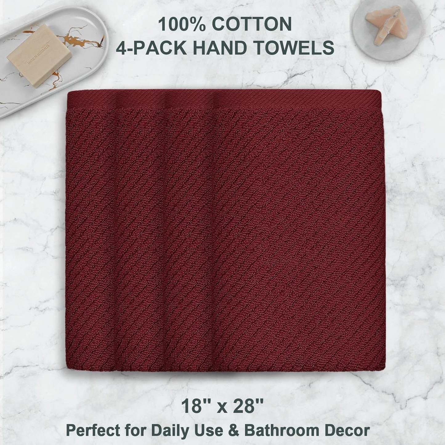 VOOVA & MOVAS Hand Towels for Bathroom Set of 4, Large 18" x 28" - 100% Cotton | Lightweight |