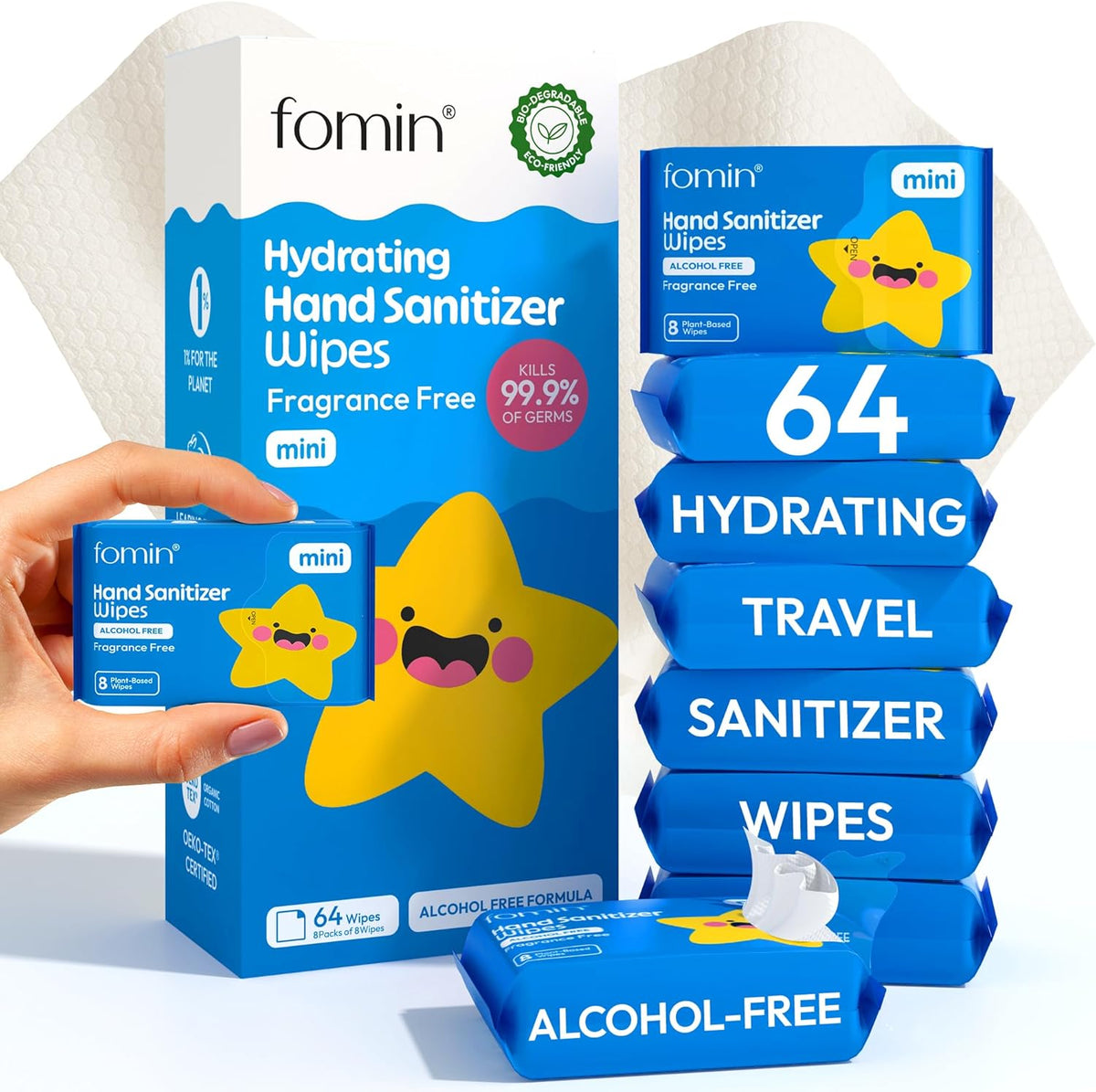 Fomin Mini Hand Sanitizer Wipes 8 Pack (8 Count) - Fragrance Free Mini Wet Wipe - pH Balanced