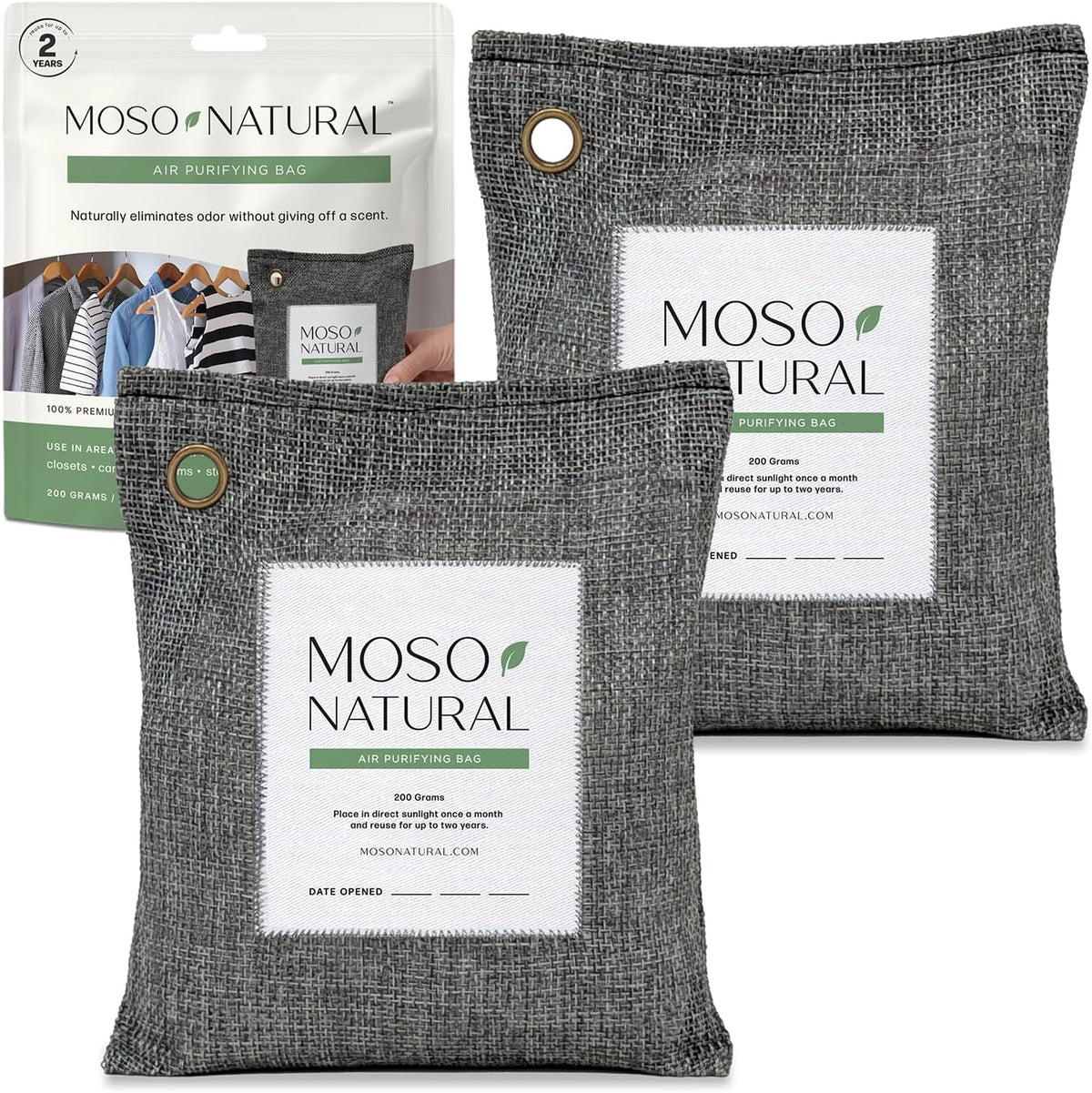 Moso Natural Air Purifying Bag 200g (2 Pack) Bamboo Charcoal Odor Absorber for Home & Car | Closet