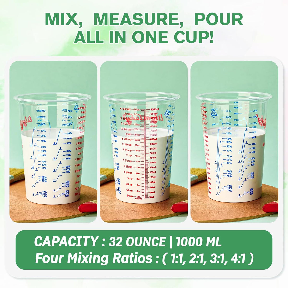 25 PACK Plastic Measuring Cups, 32 oz (1000ml) Disposable Mixing Cups, Measurement ratios: 2:1