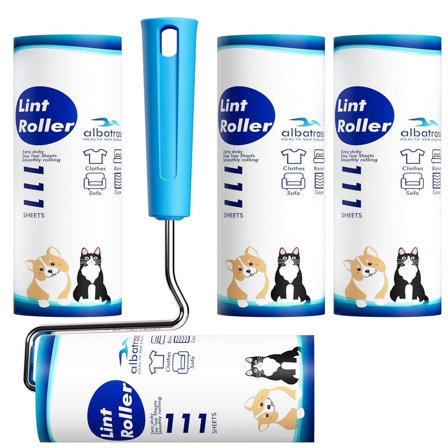 Large Surface Extra Sticky Lint Roller 6.3'', 444 Sheets Long Handle Pet Hair Removal, Dog and Cat