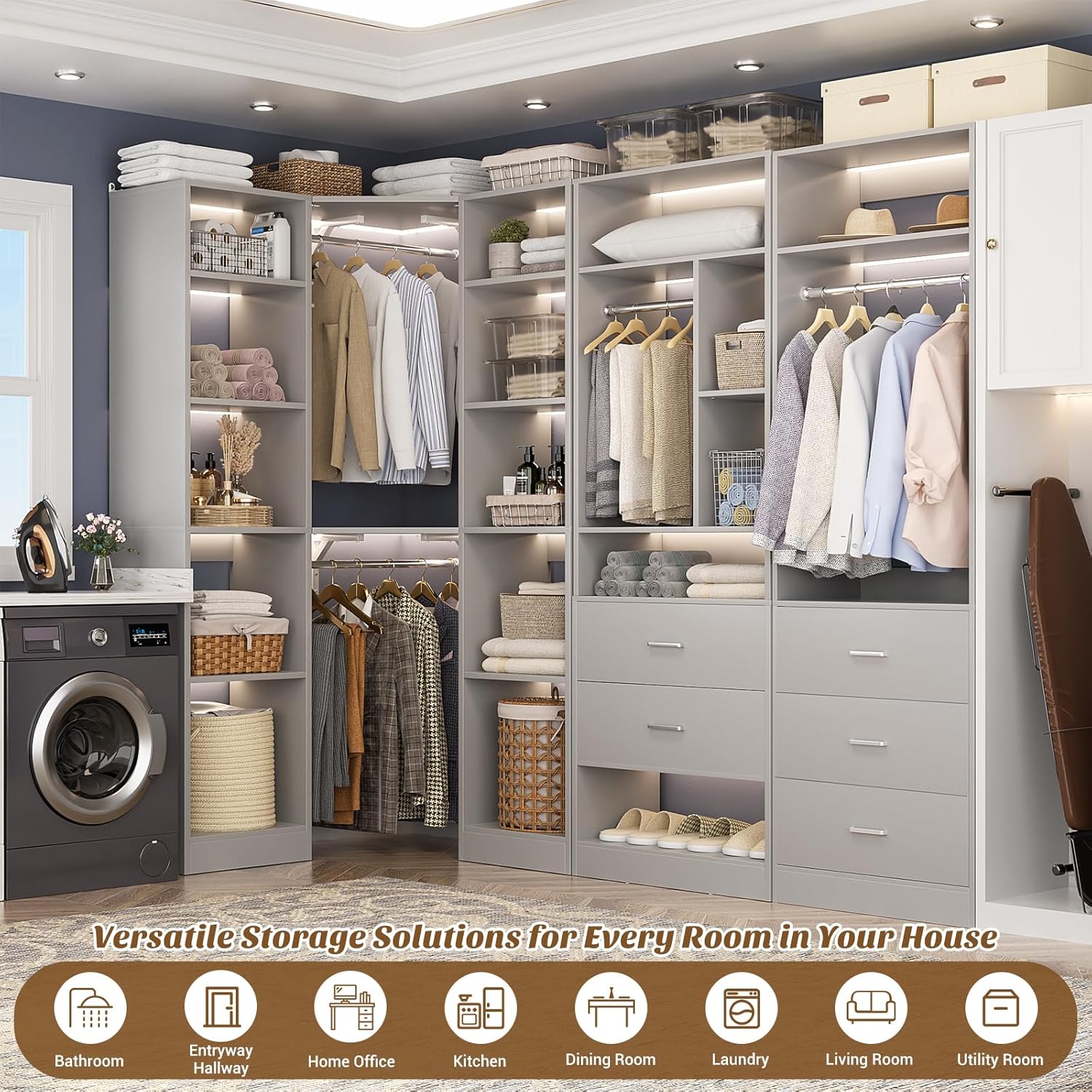 Corner Closet System with 5 Drawers, Closet Organizer System with 15+Shelvess & 4 Hanging Rods