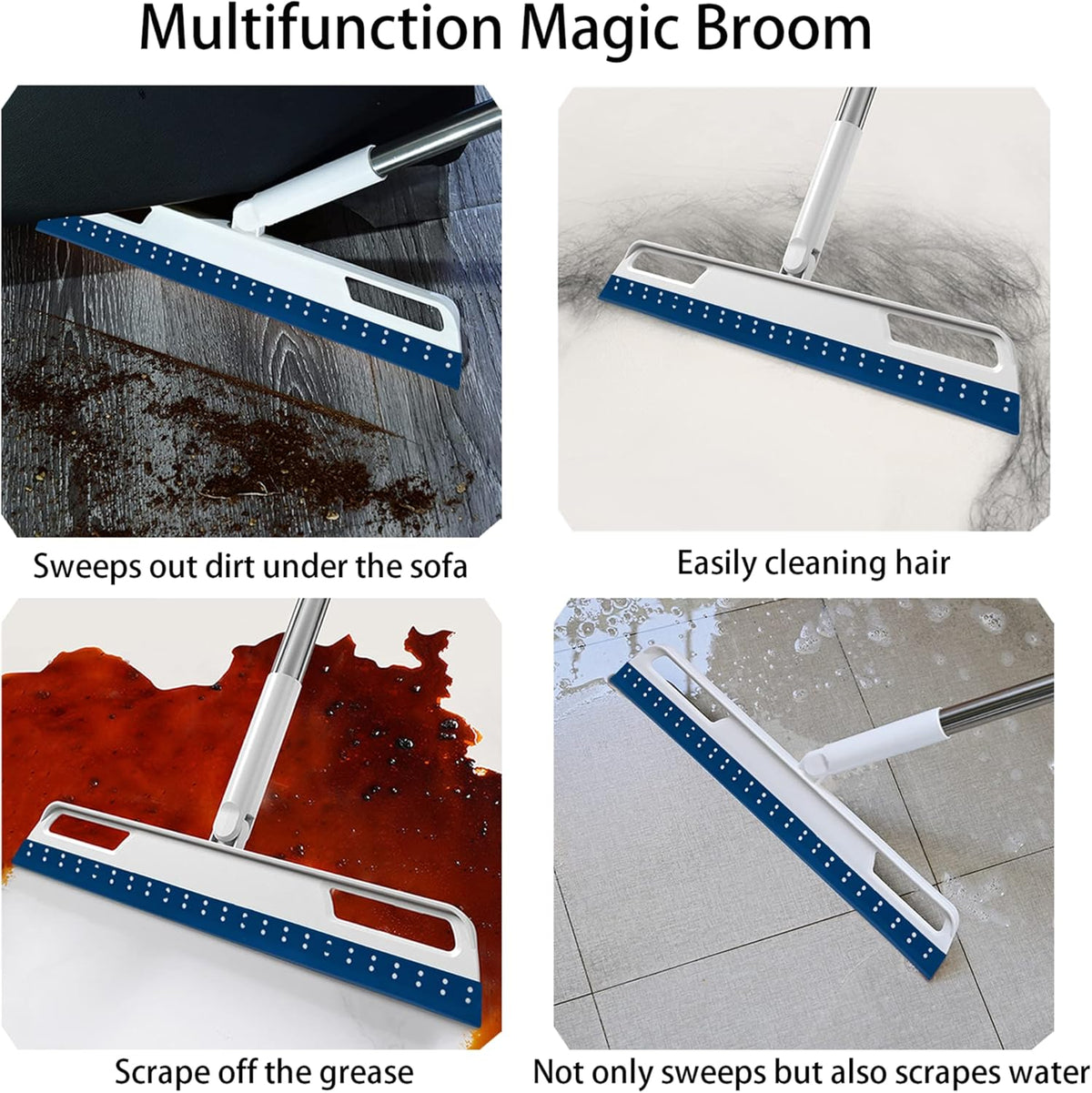 Multifunction Magic Air Broom, Silicone Broom with 56" Long Handle, 4 in 1 Rubber Squeegee Sweeper