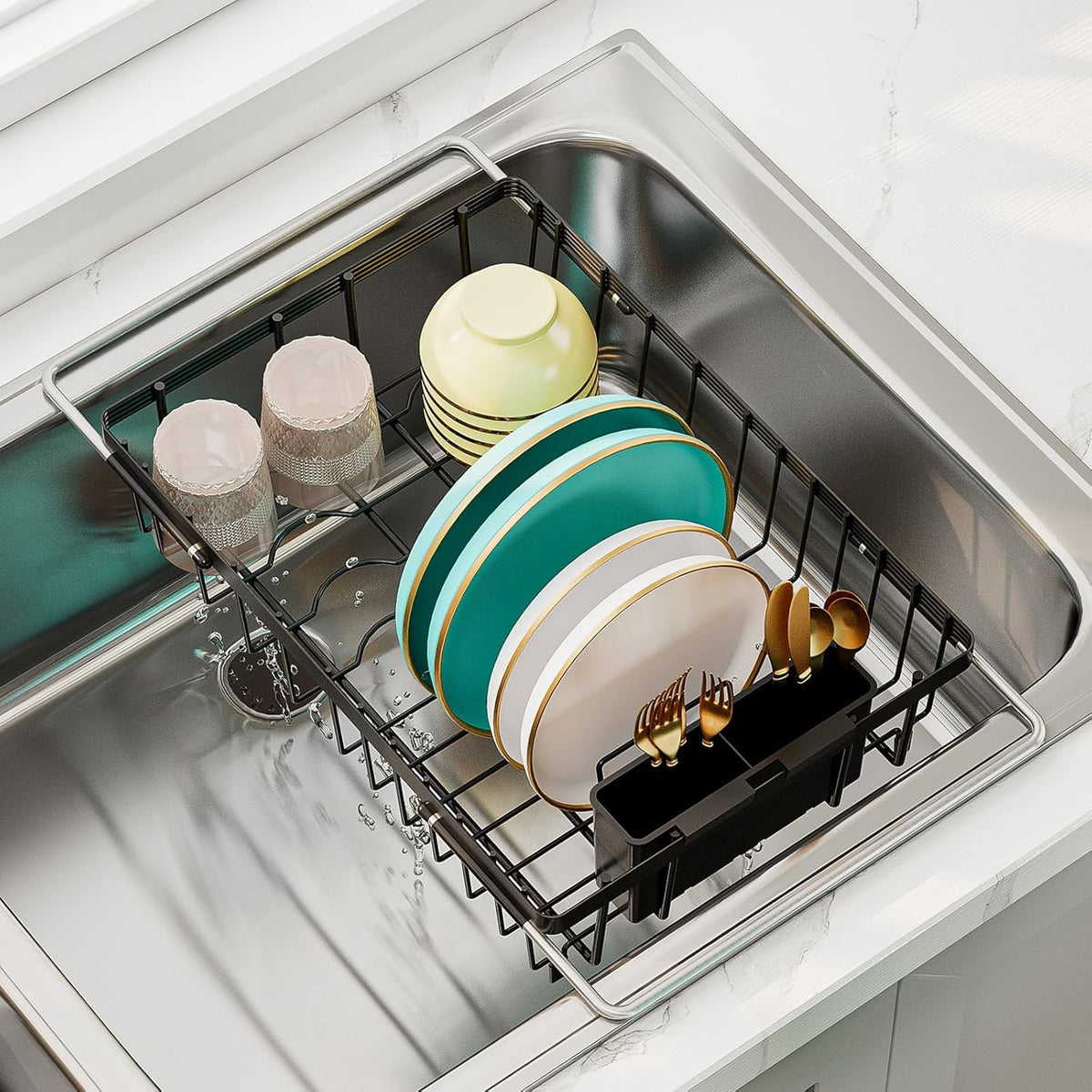 Small Dish Drying Rack in Sink, Expandable Stainless Steel Dish Drainers for Kitchen Counter, with