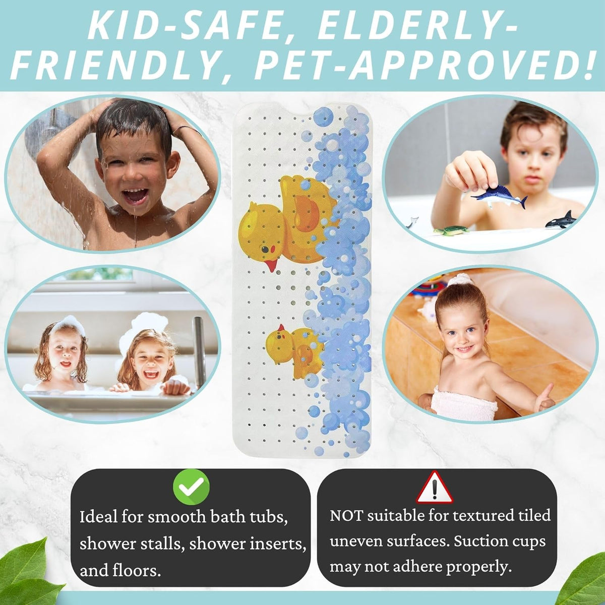 ENKOSI Kids Bath Mat 40x16 – Non-Slip Tub Bathmat Duck Print with Suction Cups & Drain Holes for