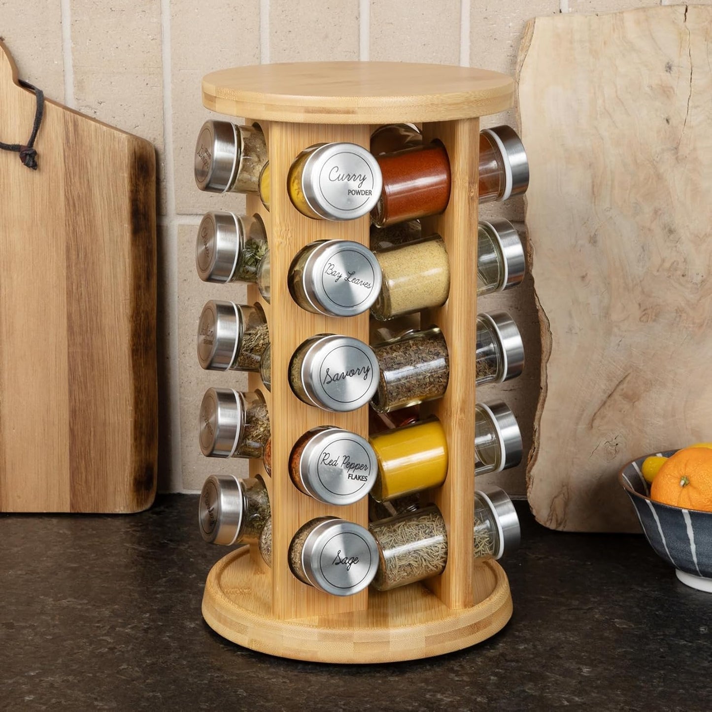 Orii 20 Jar Bamboo Spice Rack with Spices Included - Rotating Tower Organizer for Kitchen Spices