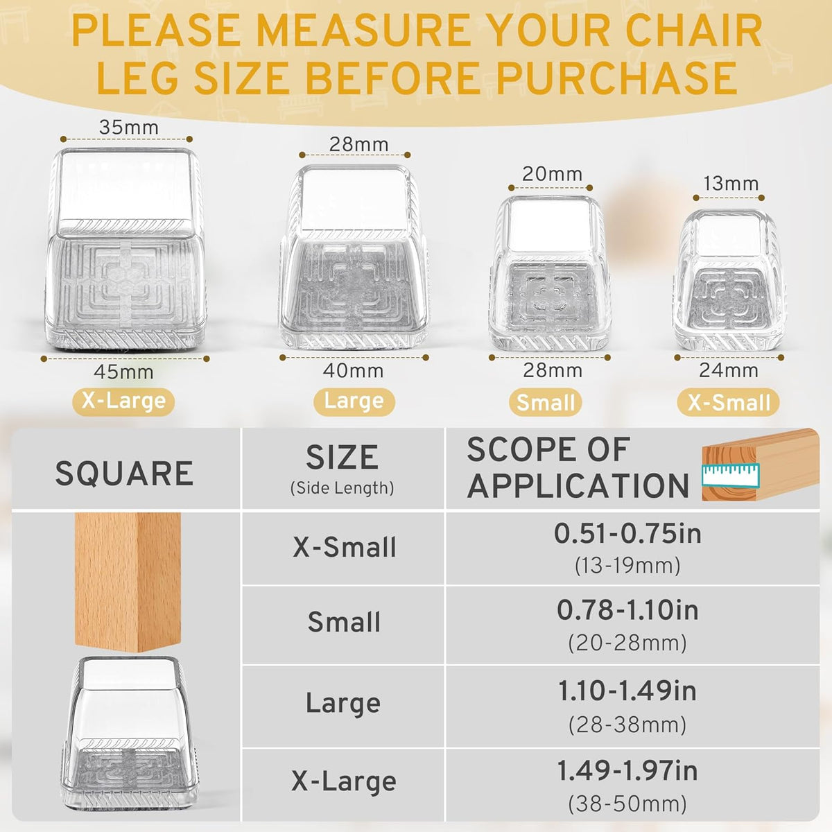 24PCS Square Chair Leg Floor Protectors, Furniture Sliders, Chair Leg Protectors for Hardwood