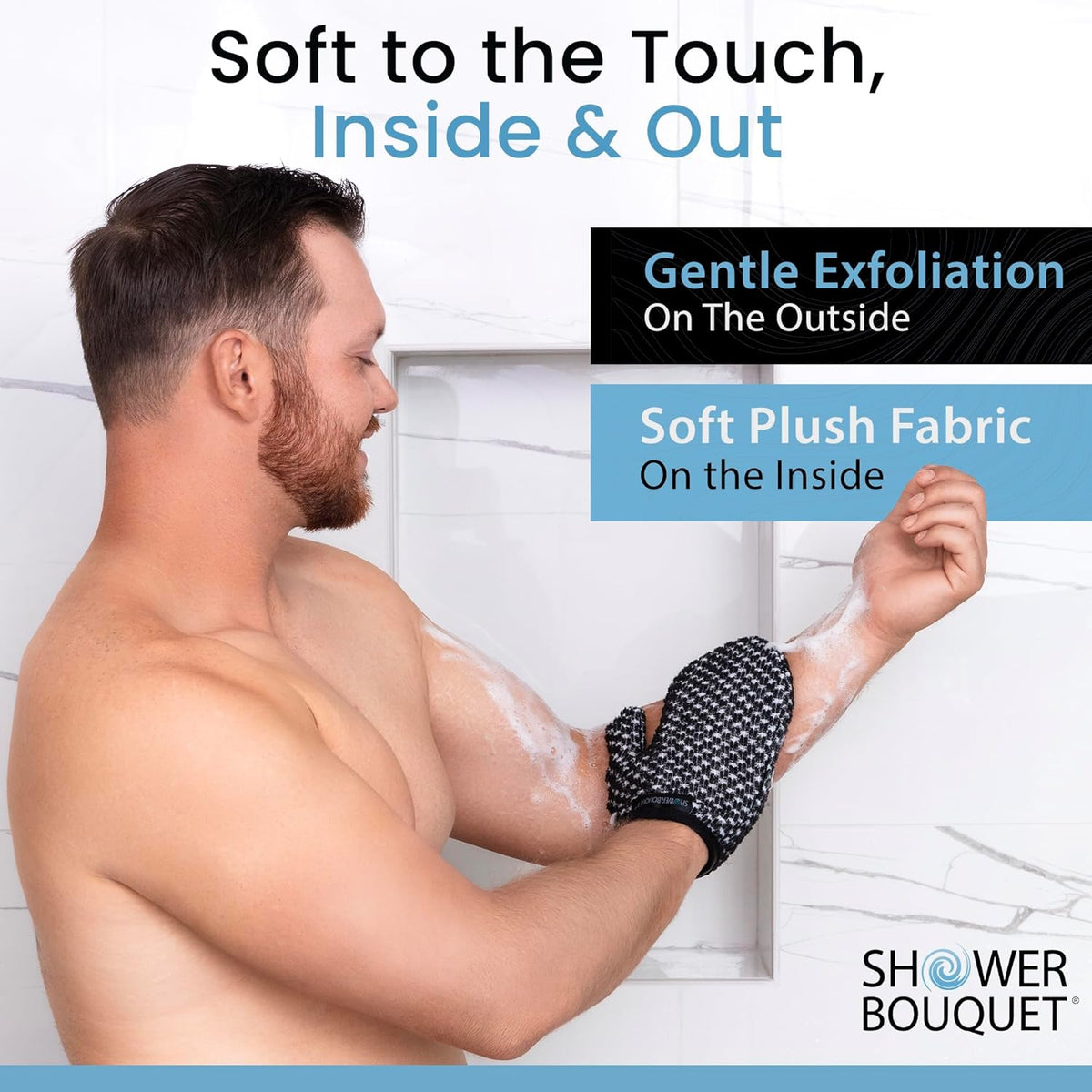 Japanese Exfoliating Mitt 2-Pack - Charcoal & Silver Ion Exfoliating Gloves for Shower - Soft Inner