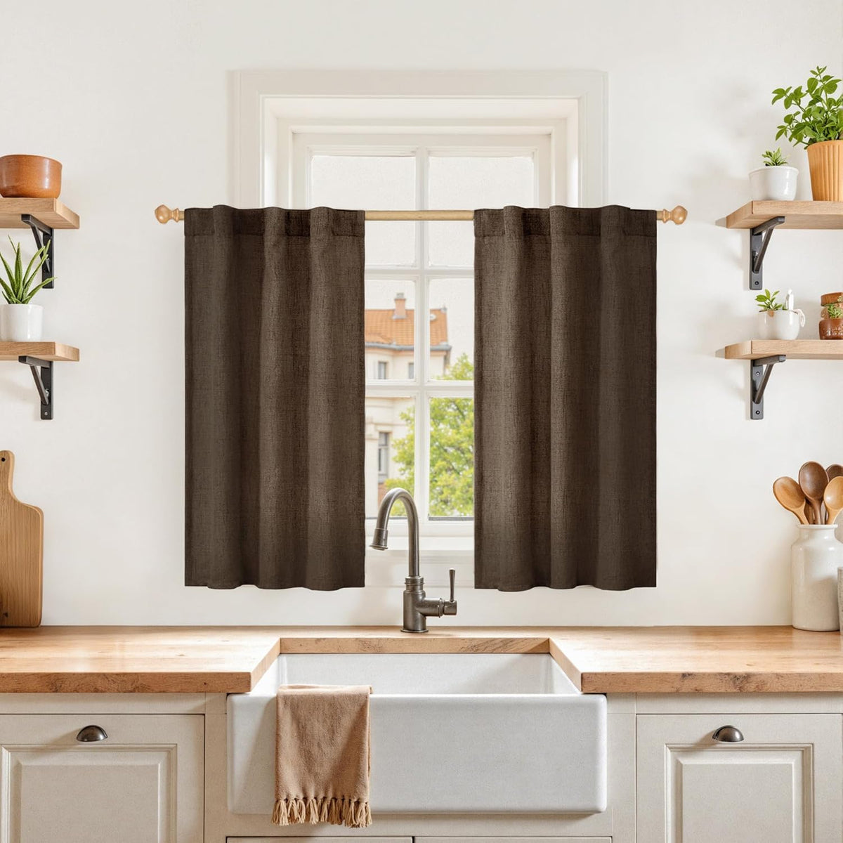 YoungsTex Brown Linen Kitchen Curtains 36 Inch Length, Half Window Drapes Light Filtering Semi