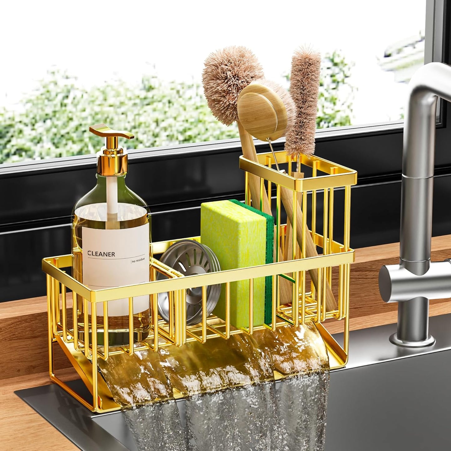 Cisily Gold Kitchen Sink Caddy Organzier with High Brush Holder, Sponge Holder for Sink, 304