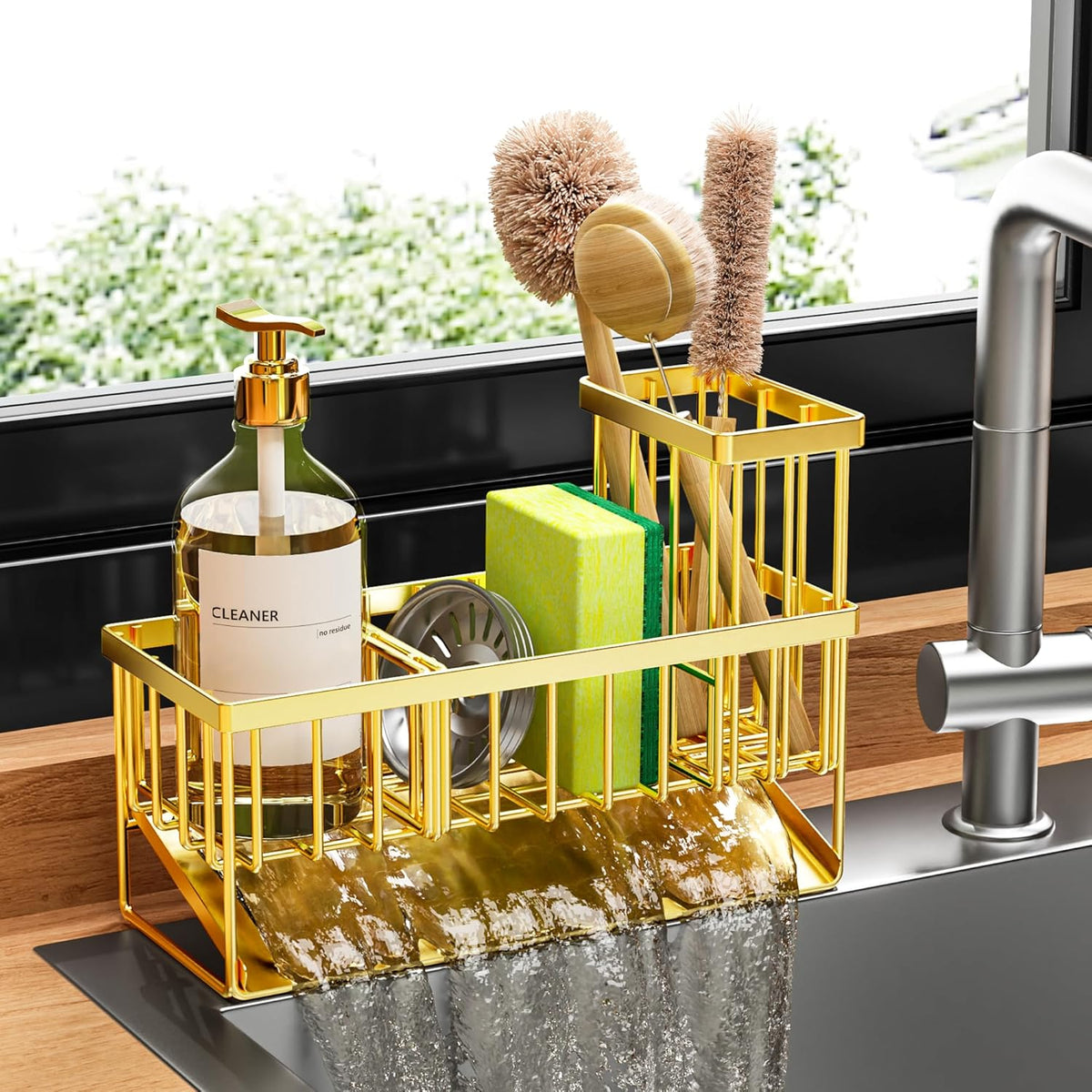 Cisily Gold Kitchen Sink Caddy Organzier with High Brush Holder, Sponge Holder for Sink, 304