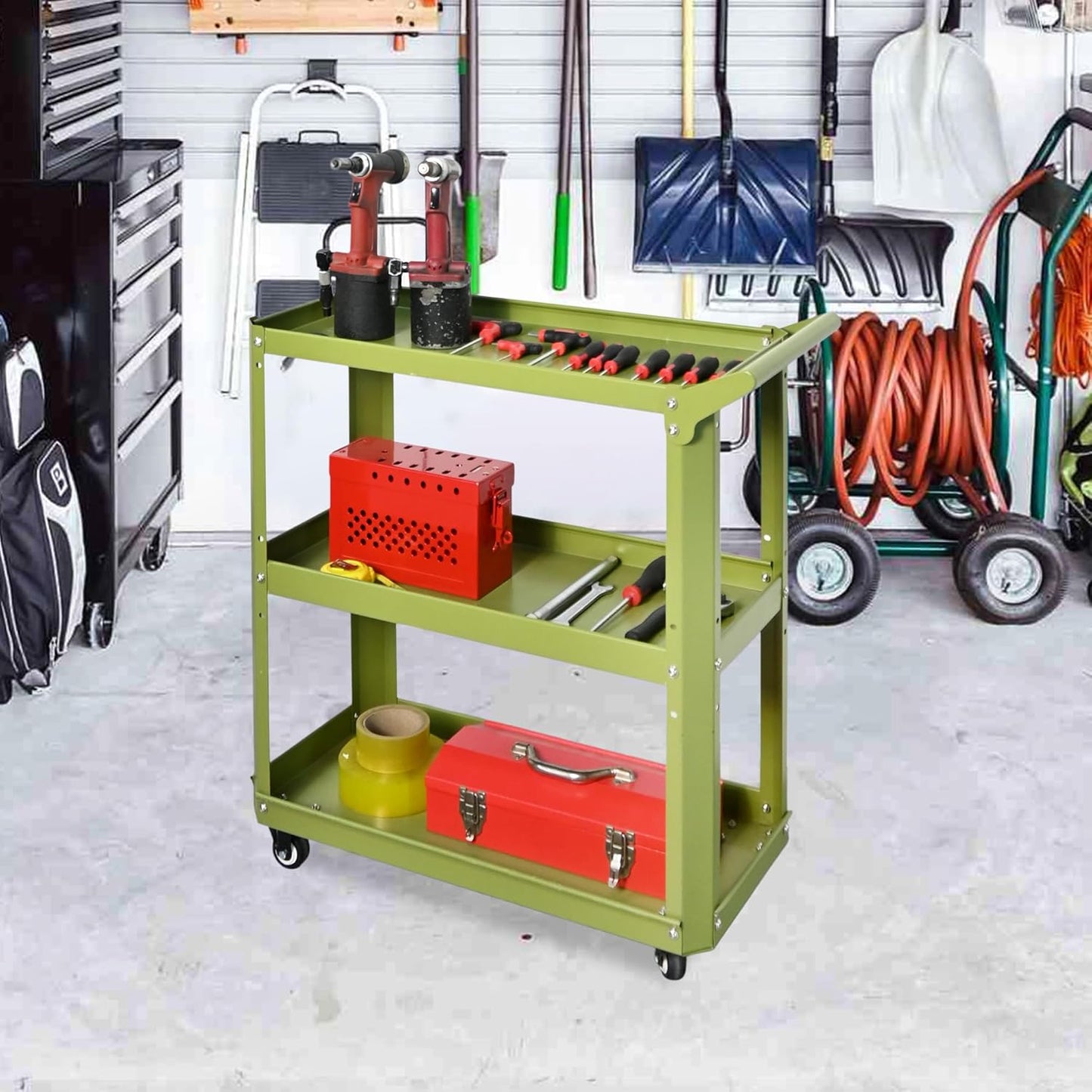 3 Tier Rolling Tool Cart with Lockable Silent Wheels, 330 LBS Capacity, Metal Service Cart for