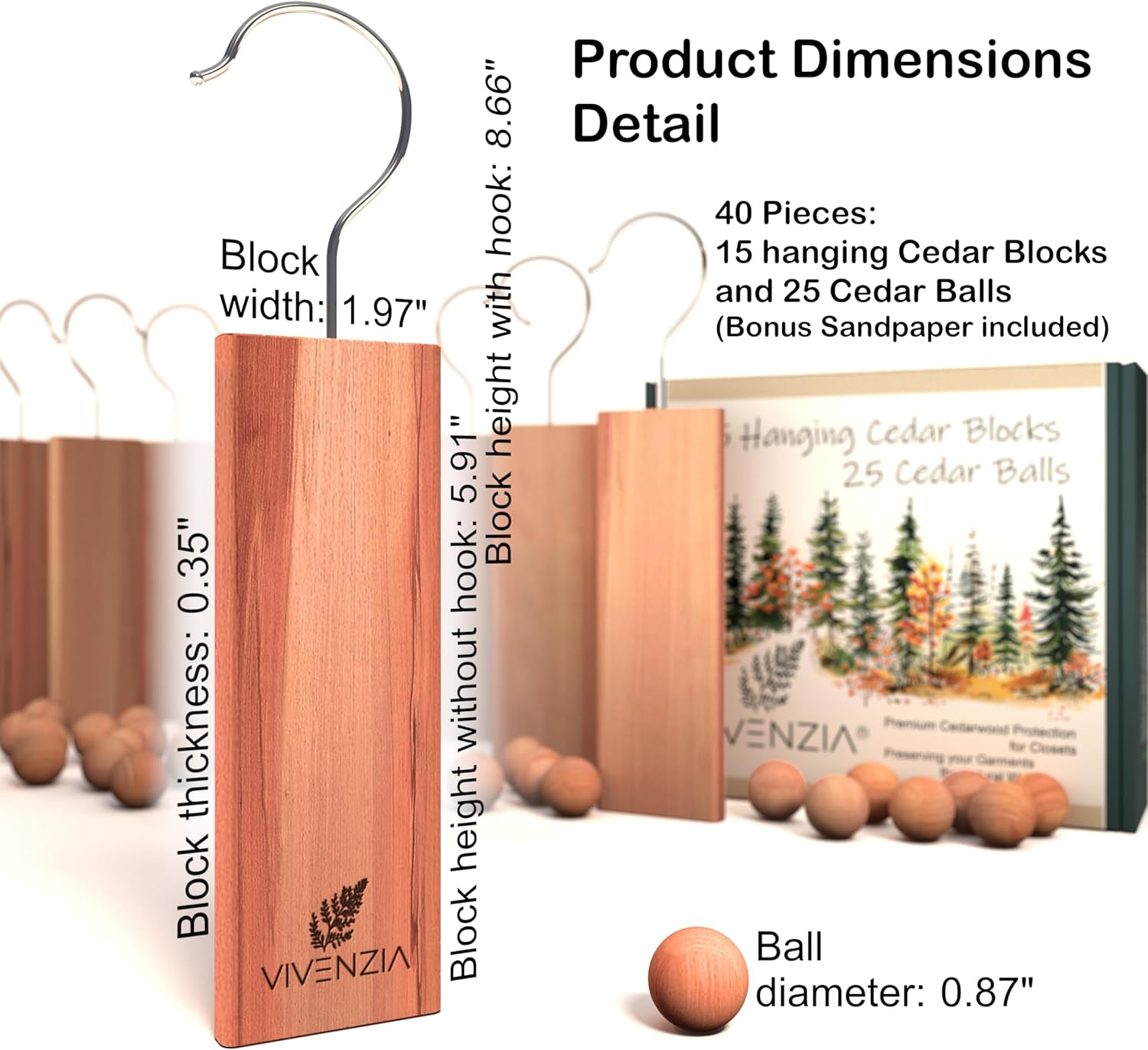 Cedar Blocks for Clothes Storage -40 pcs (15 Hang-ups & 25 Balls)- Cedar Balls for Clothes Storage