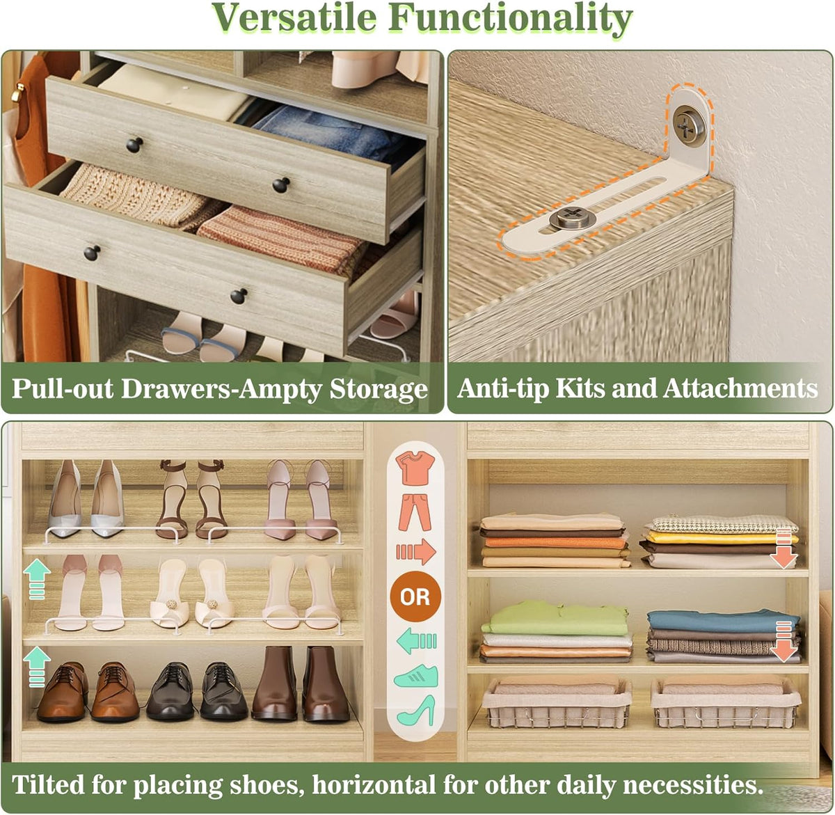 Closet System, Up to 134"/11.2 FT Closet Organizer with 4 Wooden Drawers and Shelves, Walk-in