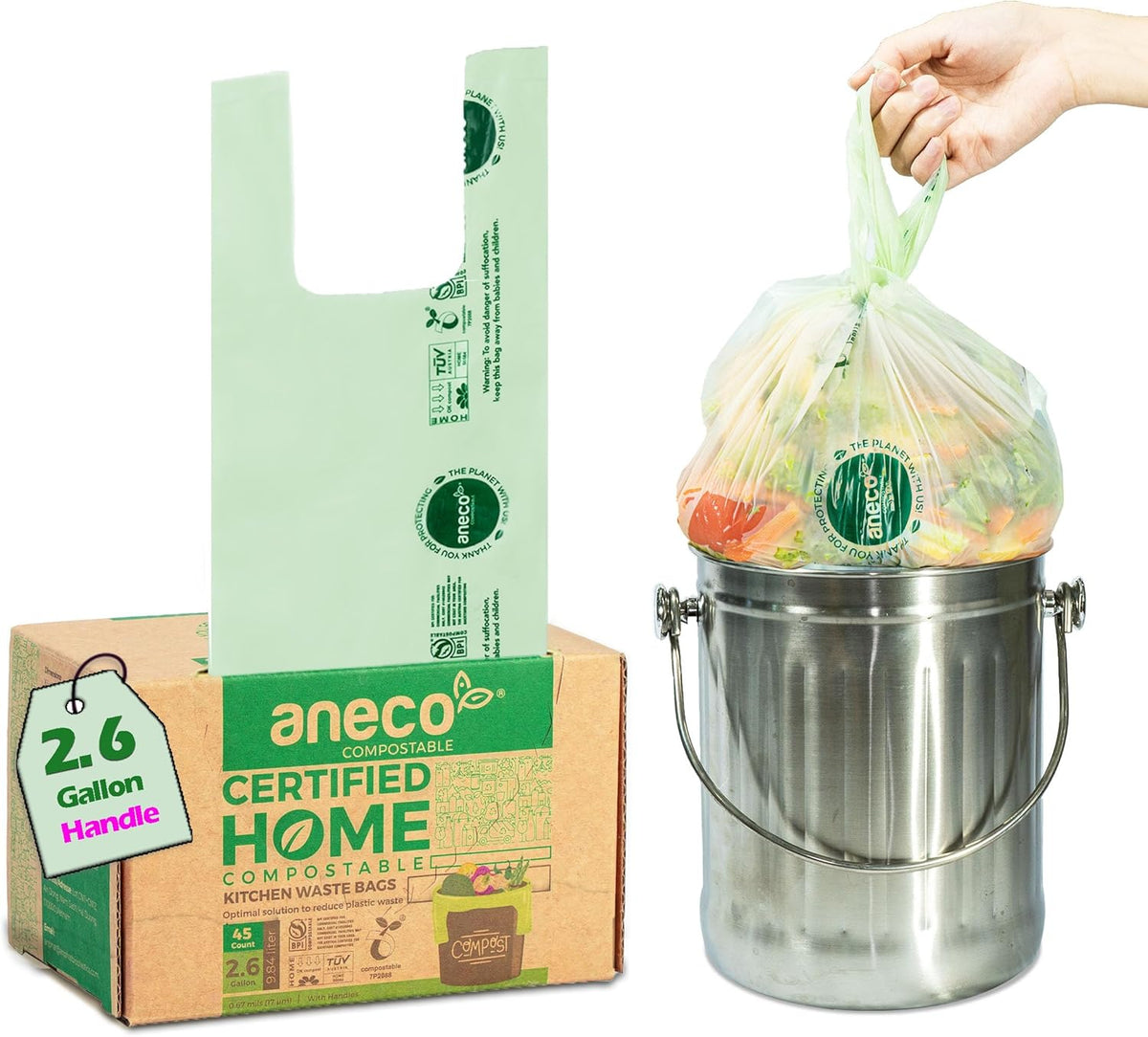 ANECO 100% Compostable Food Waste Bags 2.6 Gallon With Handles, Small Compost Bags for Countertop