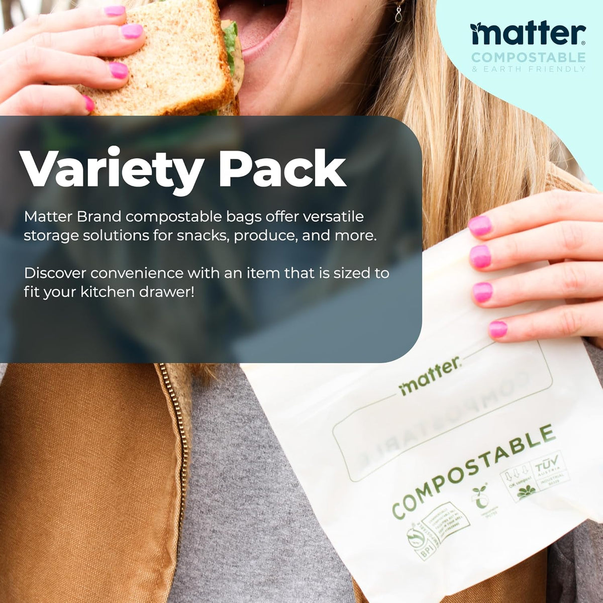 Matter Compostable Assorted Kitchen Bags, 230 Count, Biodegradable, Eco-Friendly Resealable Food