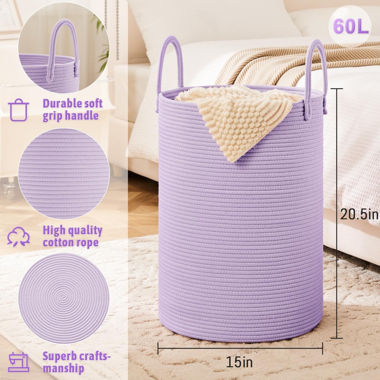 Laundry Basket,Woven Cotton Rope Laundry Hamper,60L for Decorative Storage of Dirty Clothes,Toys
