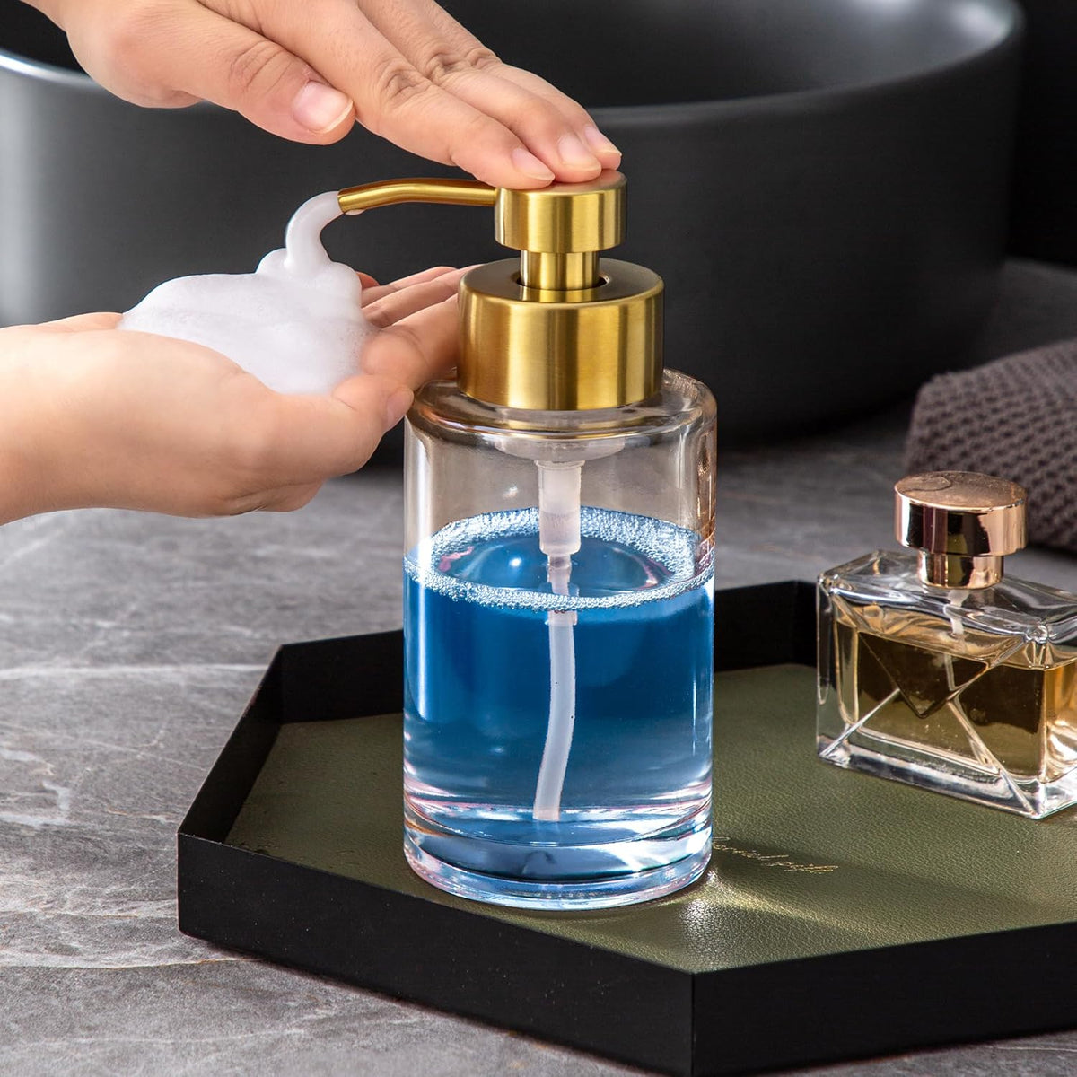 Enra Gold Foaming Soap Dispenser, 12oz Thick Glass Bathroom & Kitchen Dispenser with Stainless