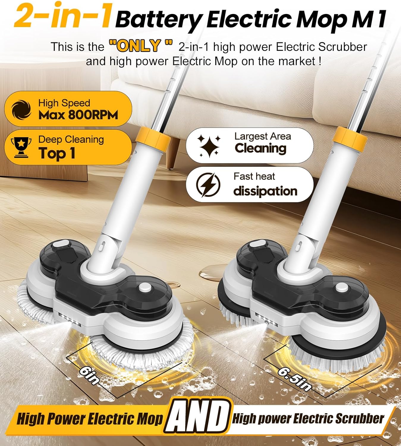 qimedo 800RPM Cordless Electric Mop, 6000mAh Battery Electric Power Scrubber & Mops for Floor
