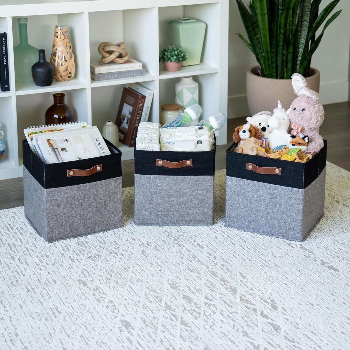 OrganiHaus 12x12 Fabric Storage Bins - Set of 4, Cube Fabric Organizer Bins with Vegan Handles
