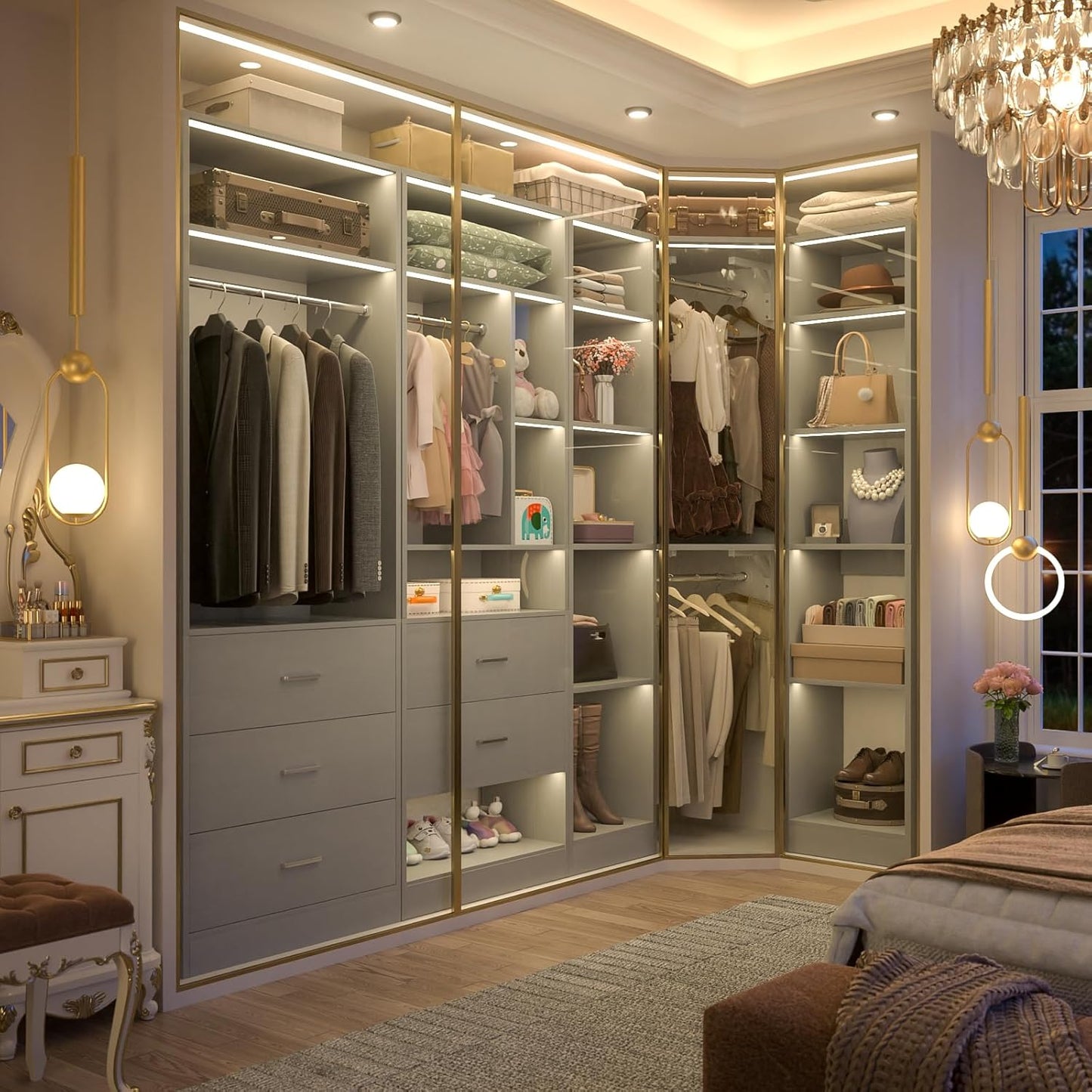 Corner Closet System with 5 Drawers, Closet Organizer System with 15+Shelvess & 4 Hanging Rods