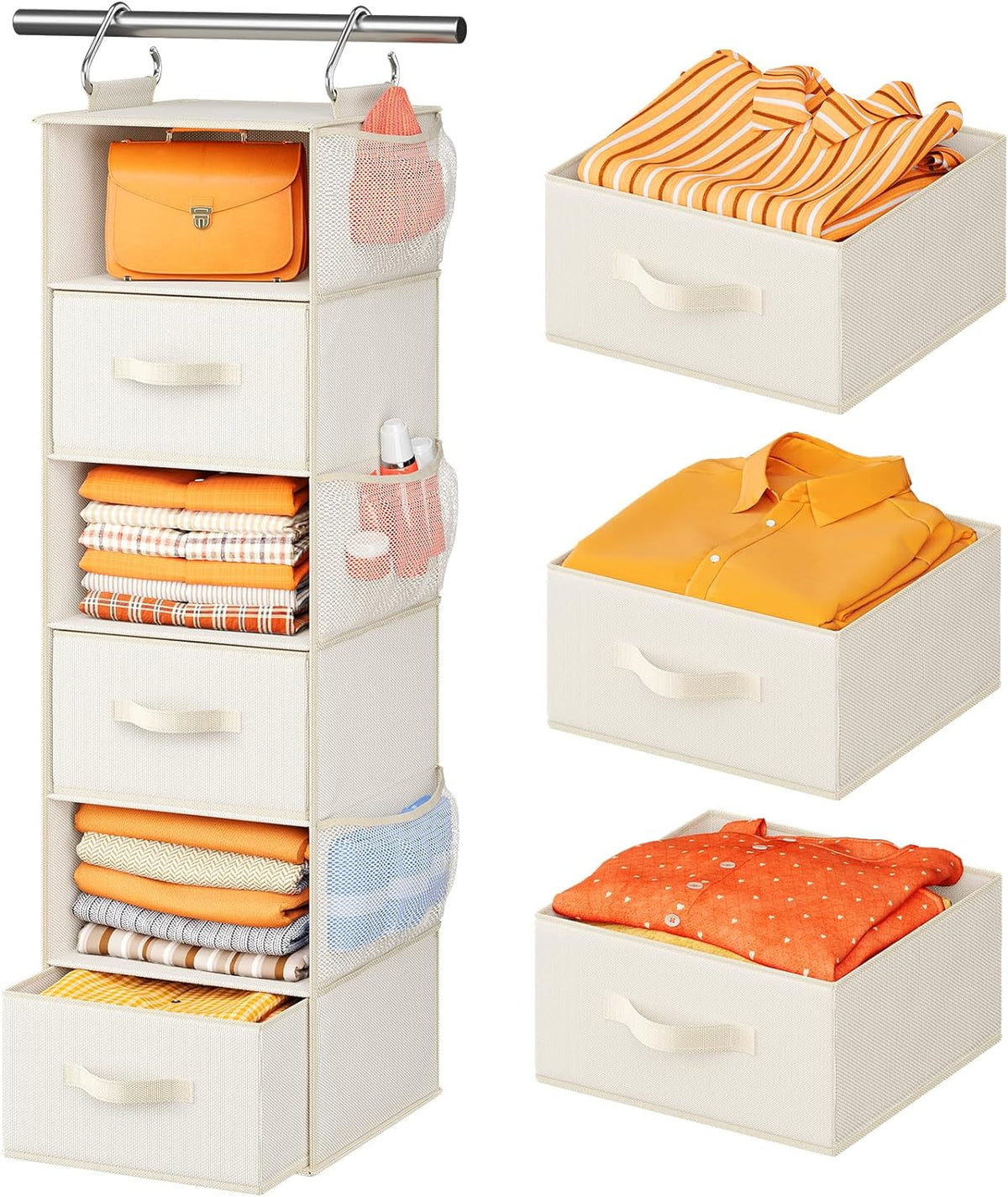 Pipishell Hanging Closet Organizer 6-Shelf, Hanging Shelves for Closet with 3 Removable Drawers &
