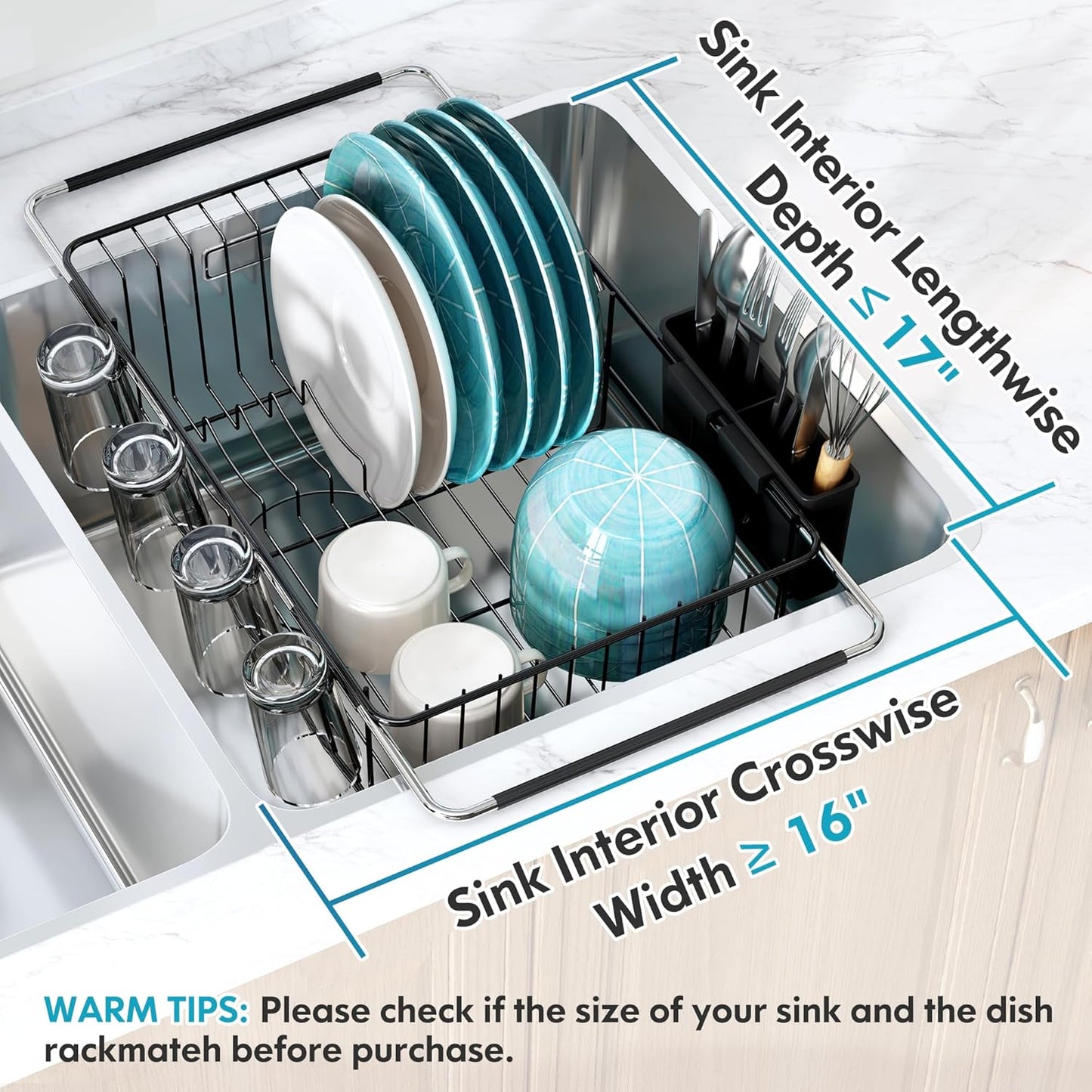 Over The Sink Expandable Dish Drainer Drying Rack in Stainless Steel for Small Kitchen, Counter