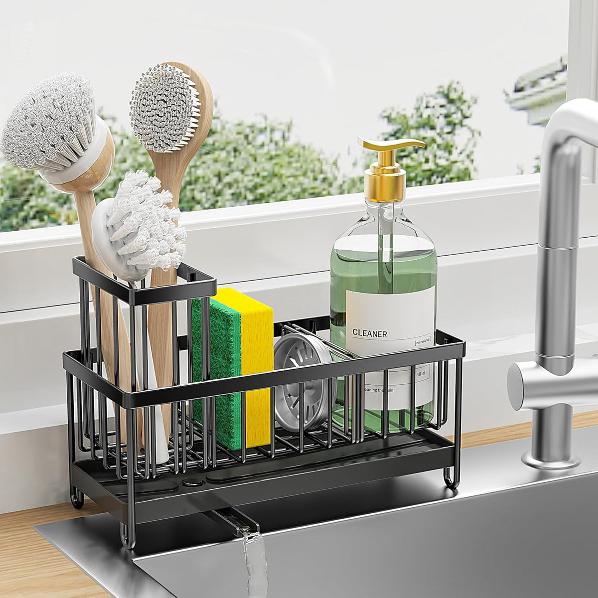 Cisily Black Sponge Holder for Kitchen Sink, Sink Caddy Organizer with High Brush Holder, Kitchen