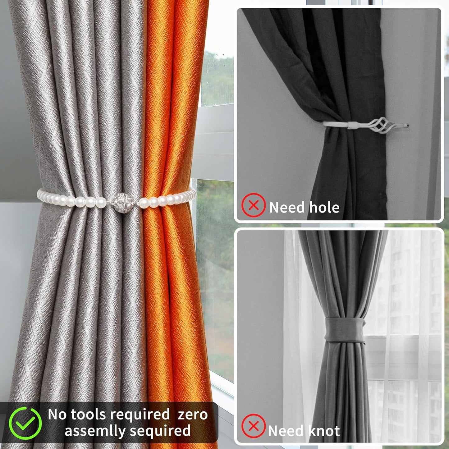 Magnetic Tiebacks for Curtains, 2 Pack Bow Pearl Curtain tiebacks Curtain Buckle Clips with